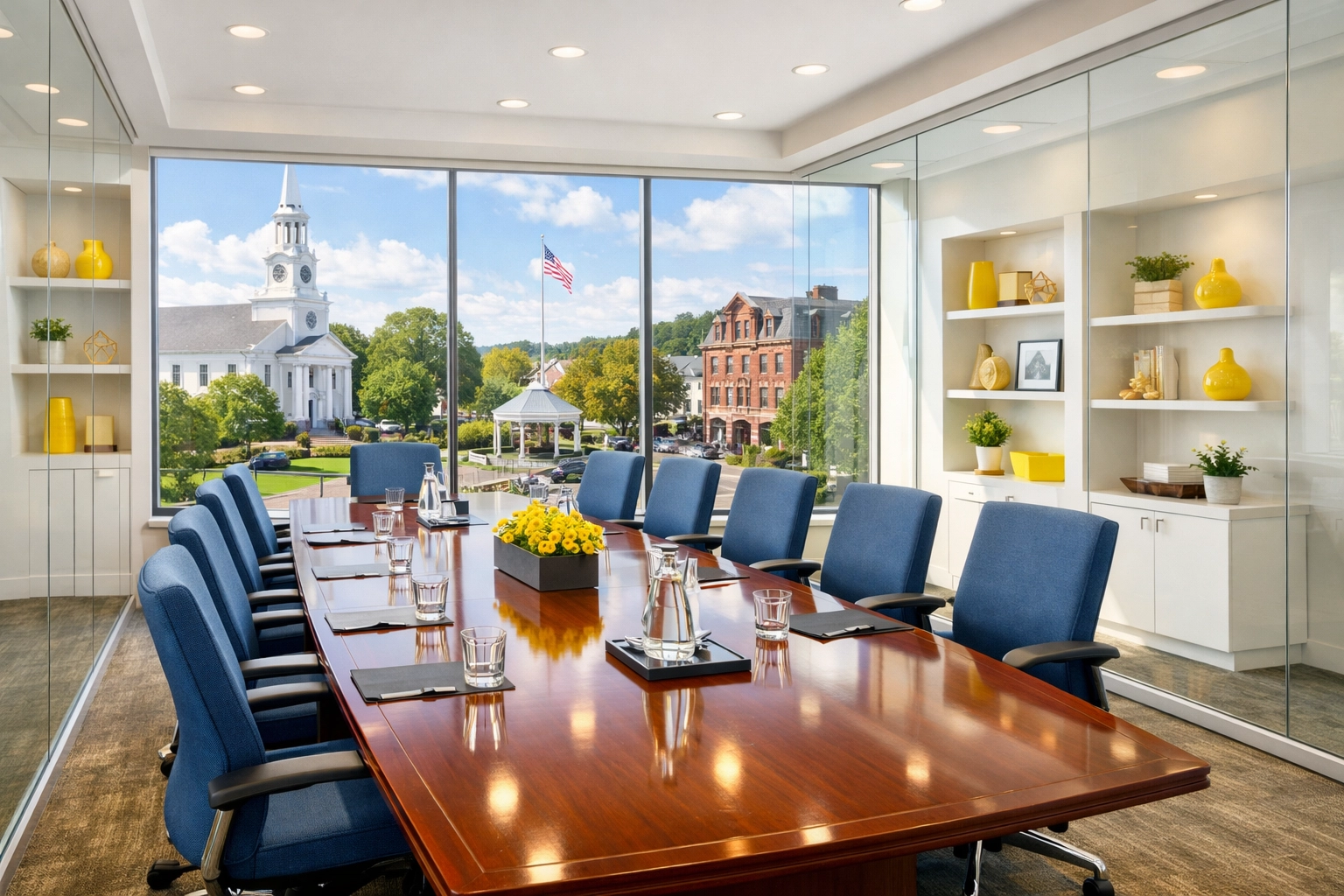 Spotless Maynard executive conference room with a polished table and bright, clean windows.