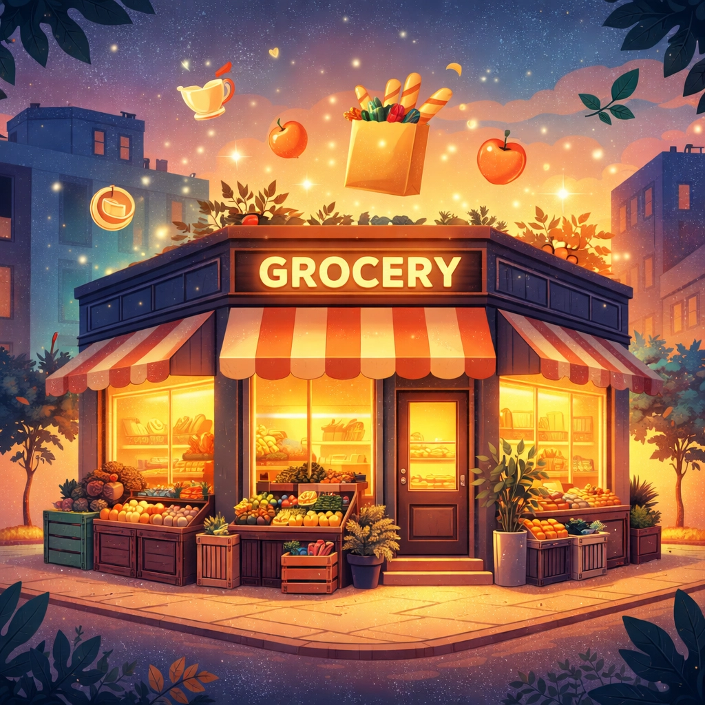 Storehouse Grocers corner store glowing at dusk in a diverse neighborhood, symbolizing hope and community safety