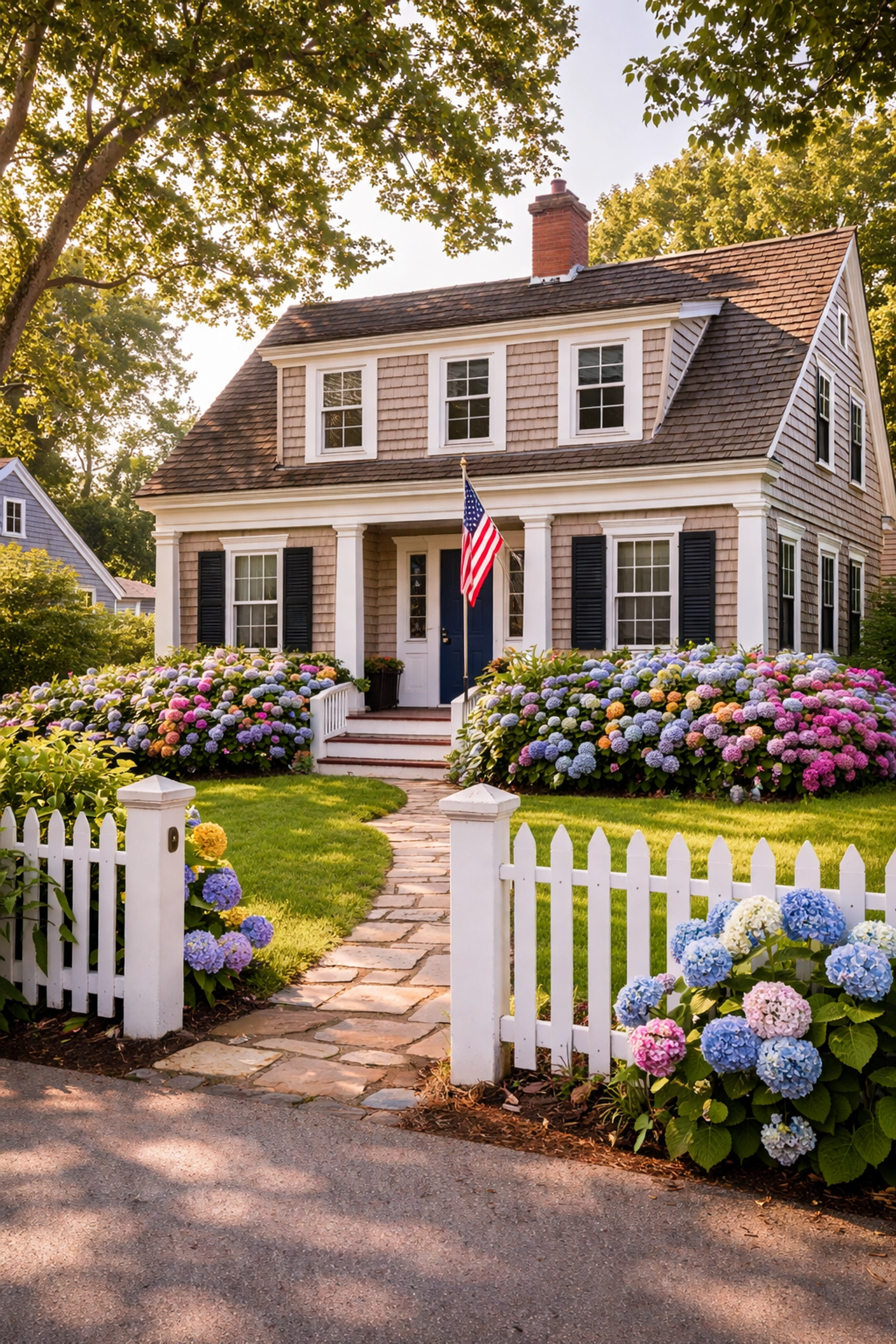 Colonial-style home in Sandwich, Cape Cod with hydrangeas and picket fence reflecting historic village charm