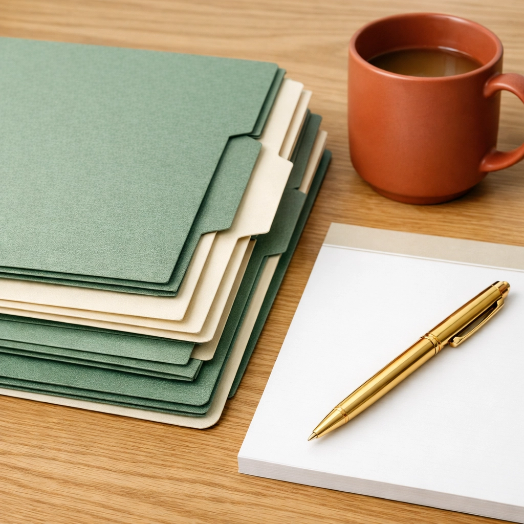 Neatly stacked legal folders on a desk representing domestic abuse evidence in Virginia.