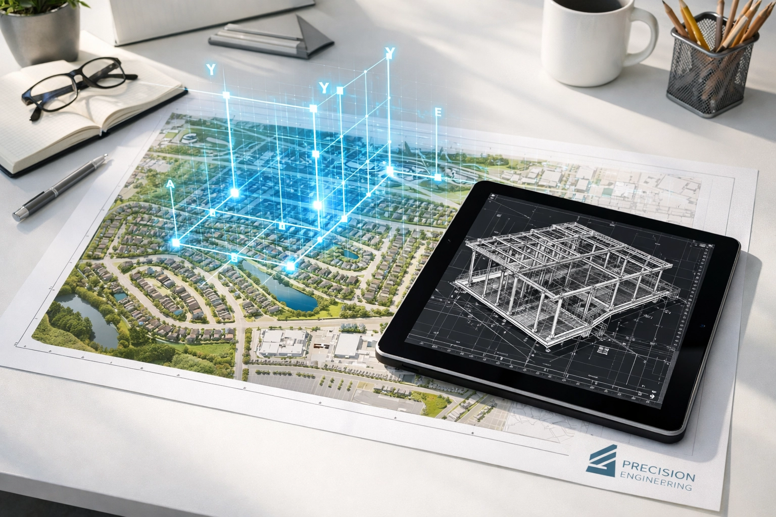 Site development map and tablet showing technical engineering drawings for an Ontario zoning amendment.
