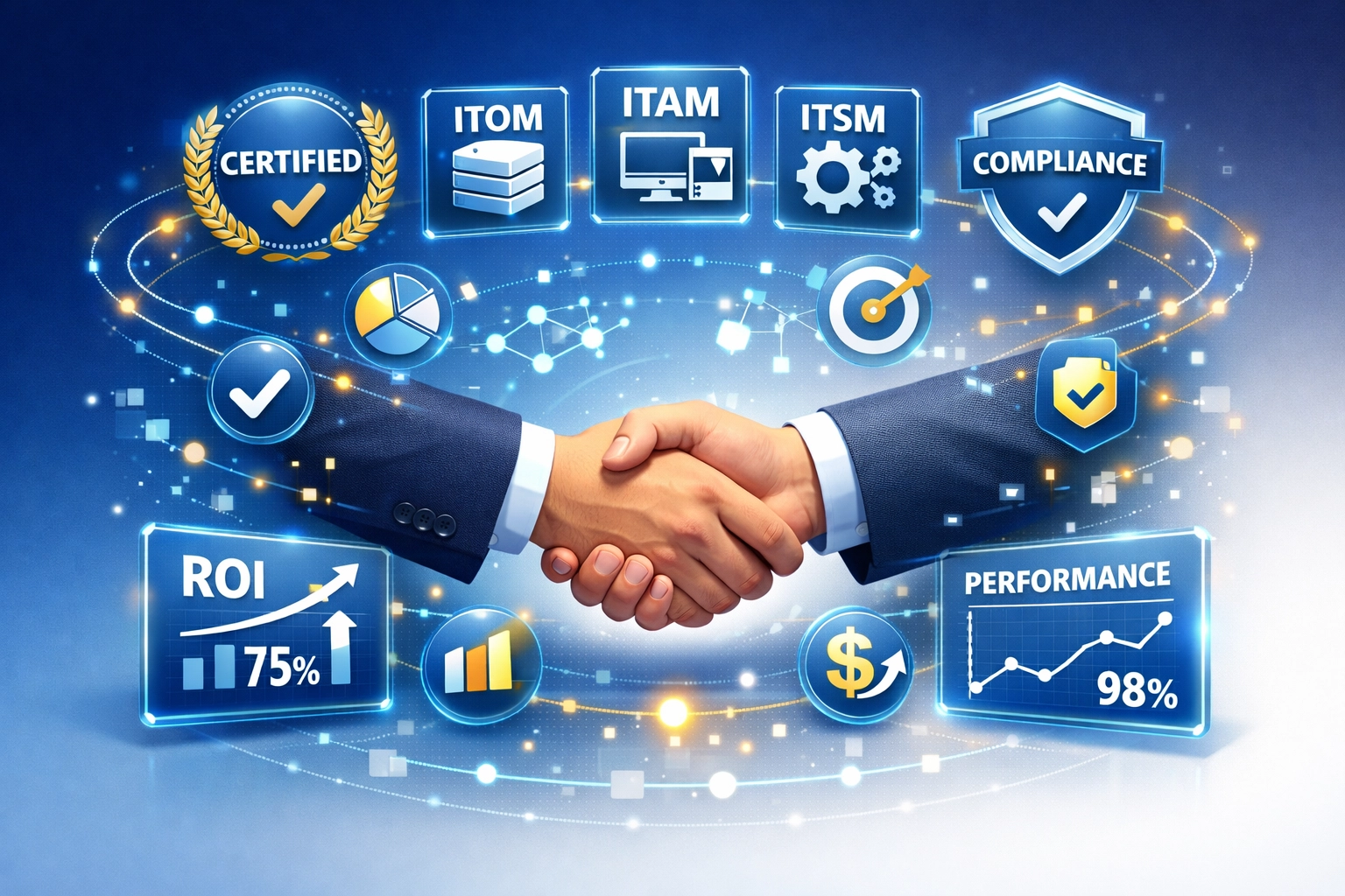 ServiceNow implementation partner handshake with ITOM and ITAM certification badges