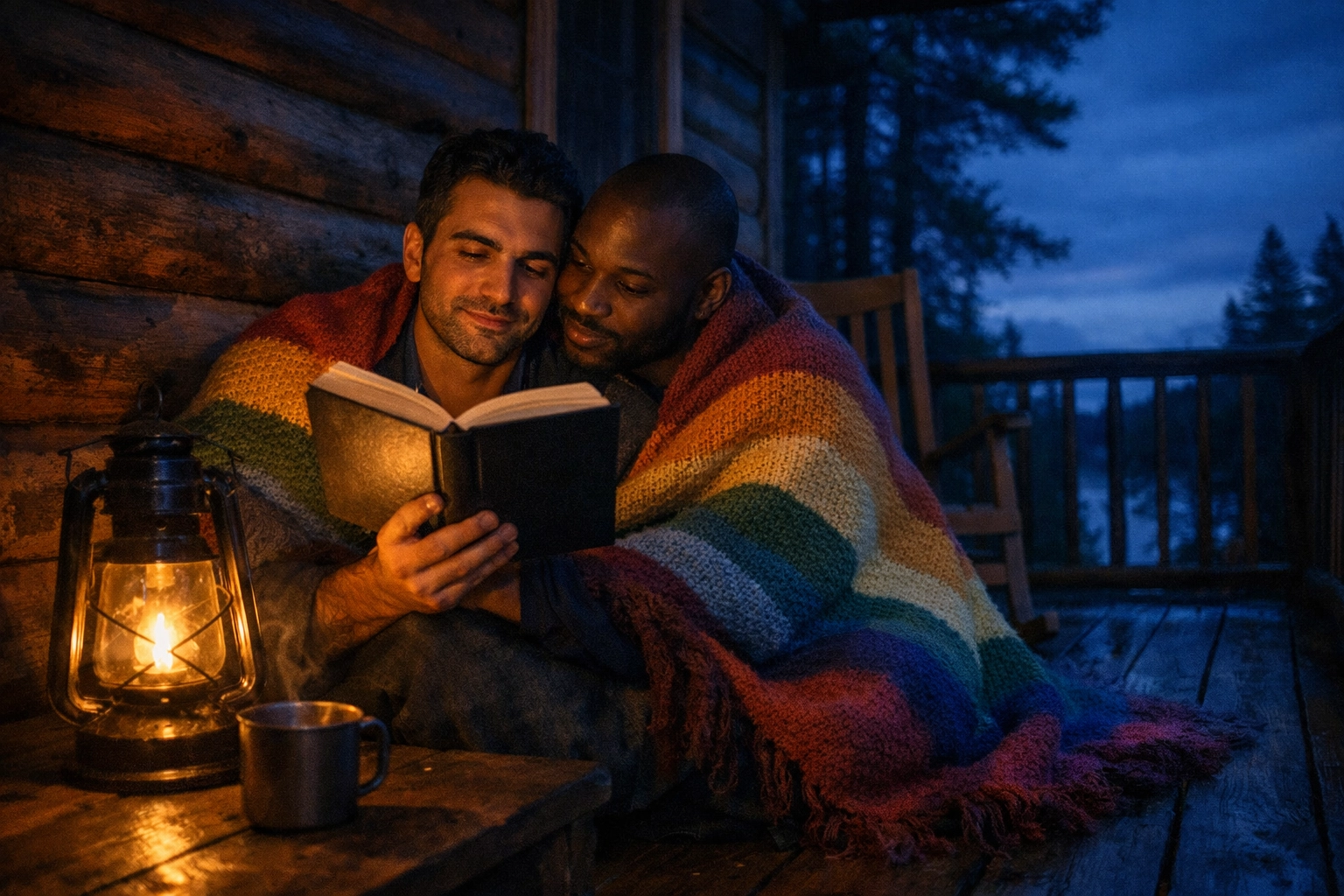 A cozy couple reading a gay romantic fiction book together under a pride blanket on a rustic porch.
