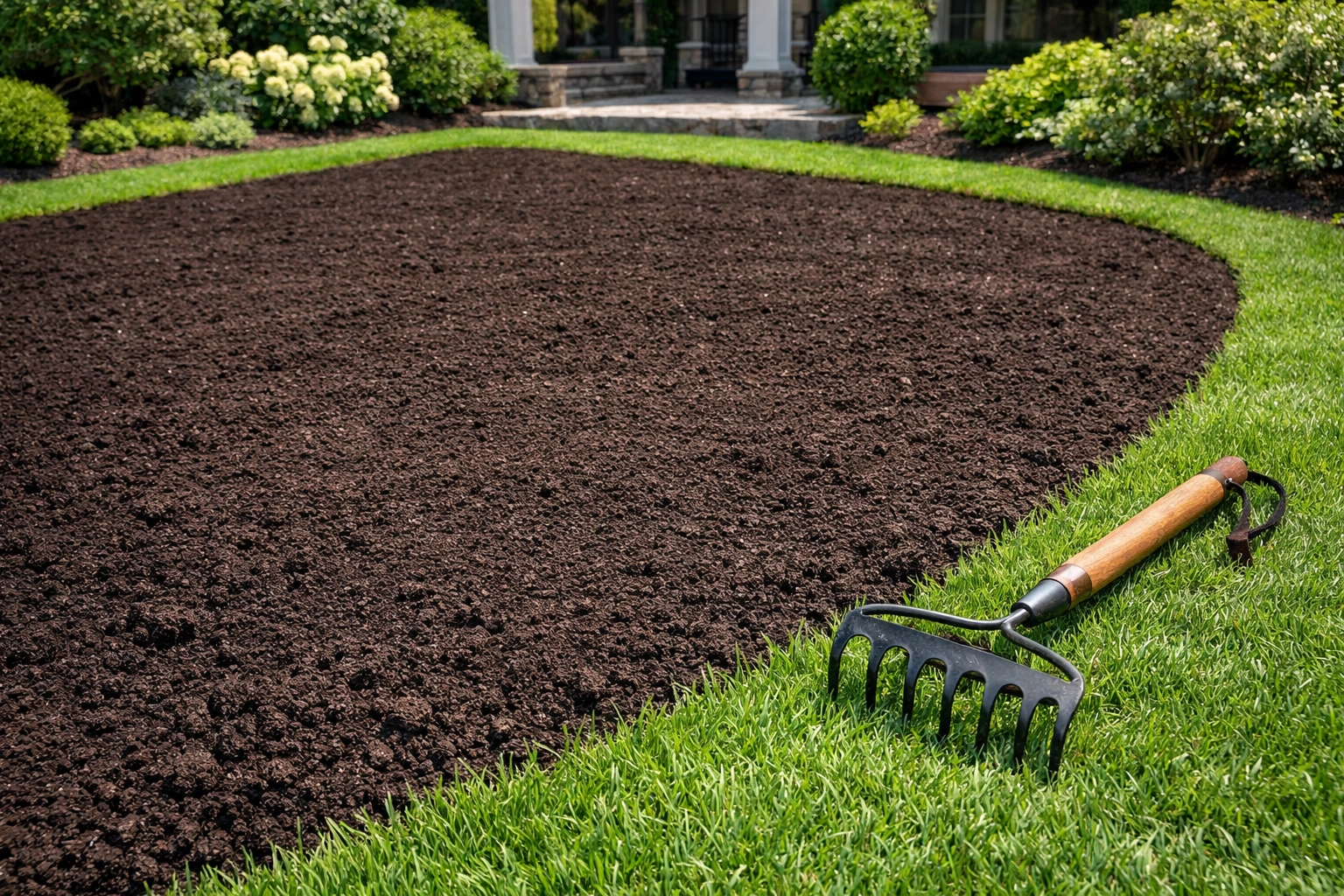 Meticulously prepared garden bed in Clarkston with clean soil and green lawn for professional mulching.