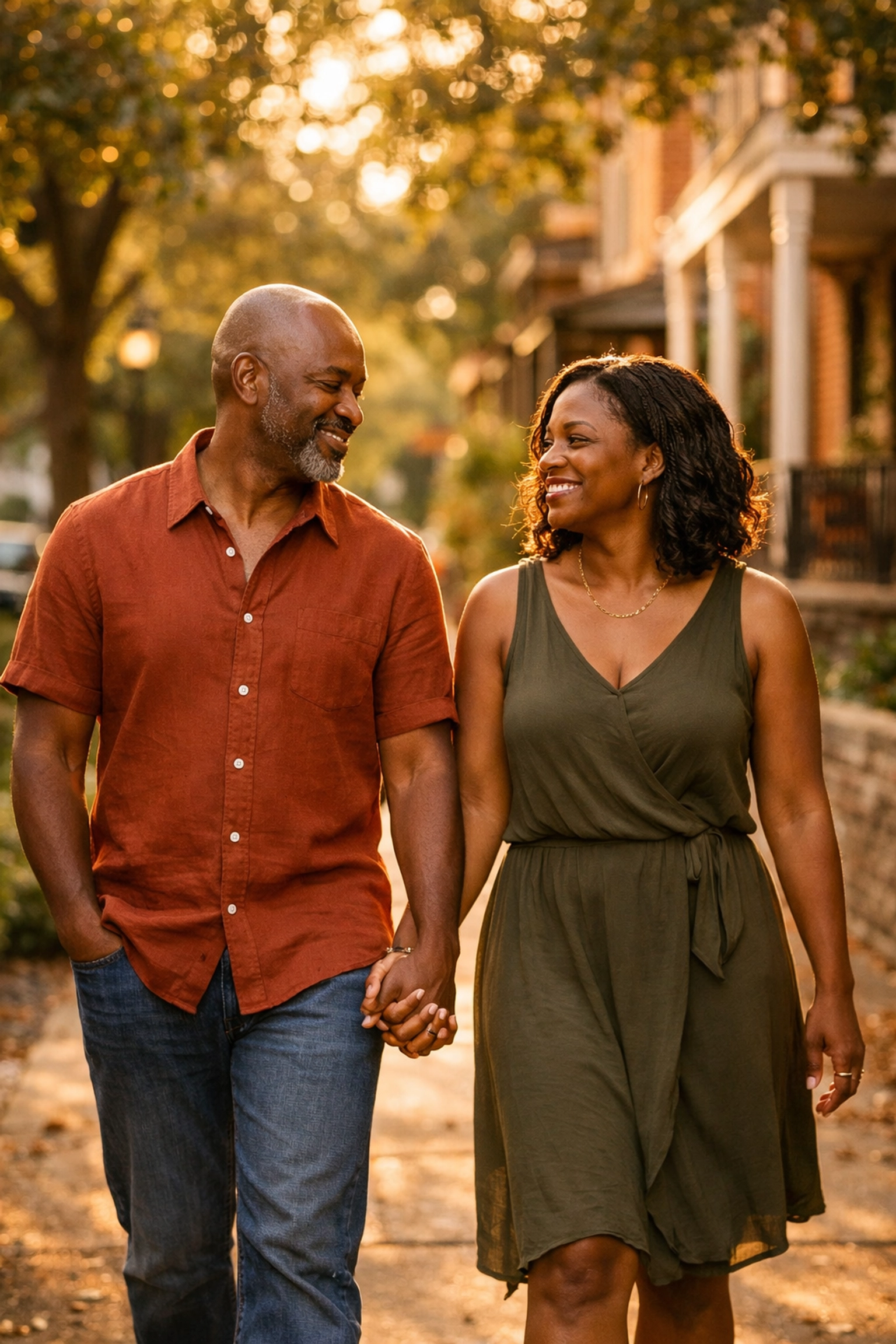 Couple walking together in neighborhood, symbolizing relationship healing after trauma therapy