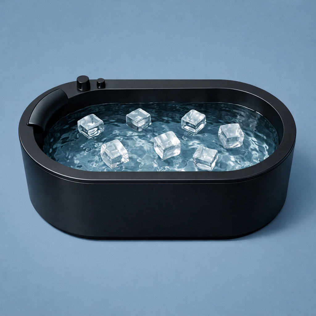 Modern cold plunge tub with ice for inflammation reduction and post-workout muscle recovery.