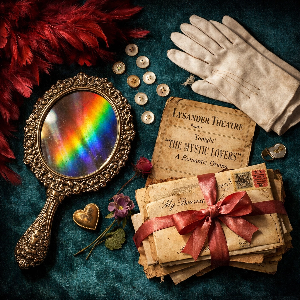 Victorian romance objects: love letters, mirror, and theater memorabilia from LGBTQ+ historical fiction