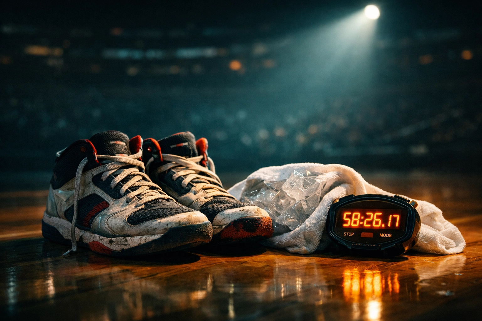 Basketball sneakers and a stopwatch on court illustrating NBA betting trends related to player fatigue and rest.