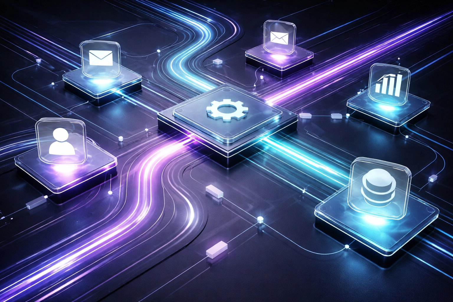 Automated business workflow with interconnected software tools illustrating the benefits of AI automation and integration.