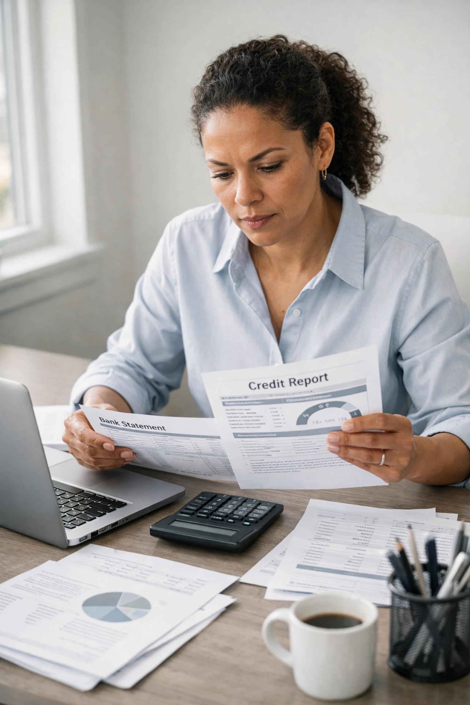 Business owner reviewing financial documents and credit reports for loan application