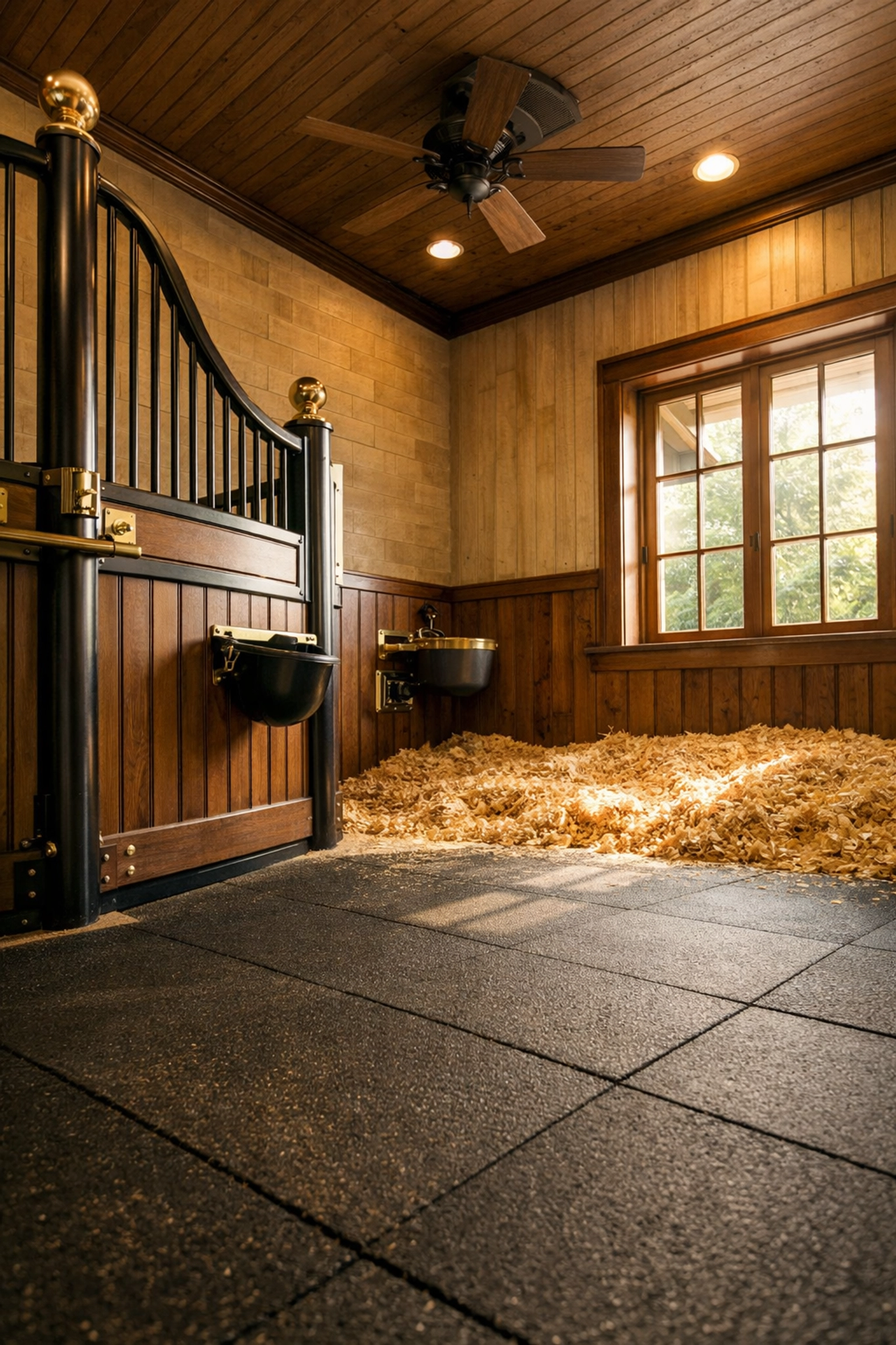 Spacious horse stall with premium flooring and ventilation in high-end Charlotte stable design