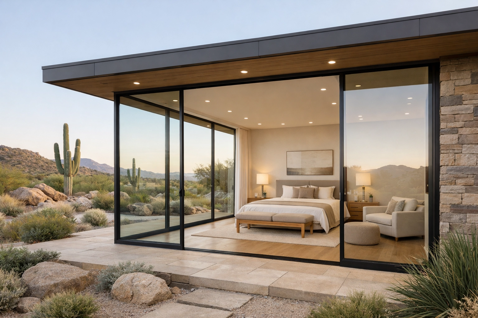 Modern luxury master suite home addition in Surprise, AZ, with high-end lighting and large windows.
