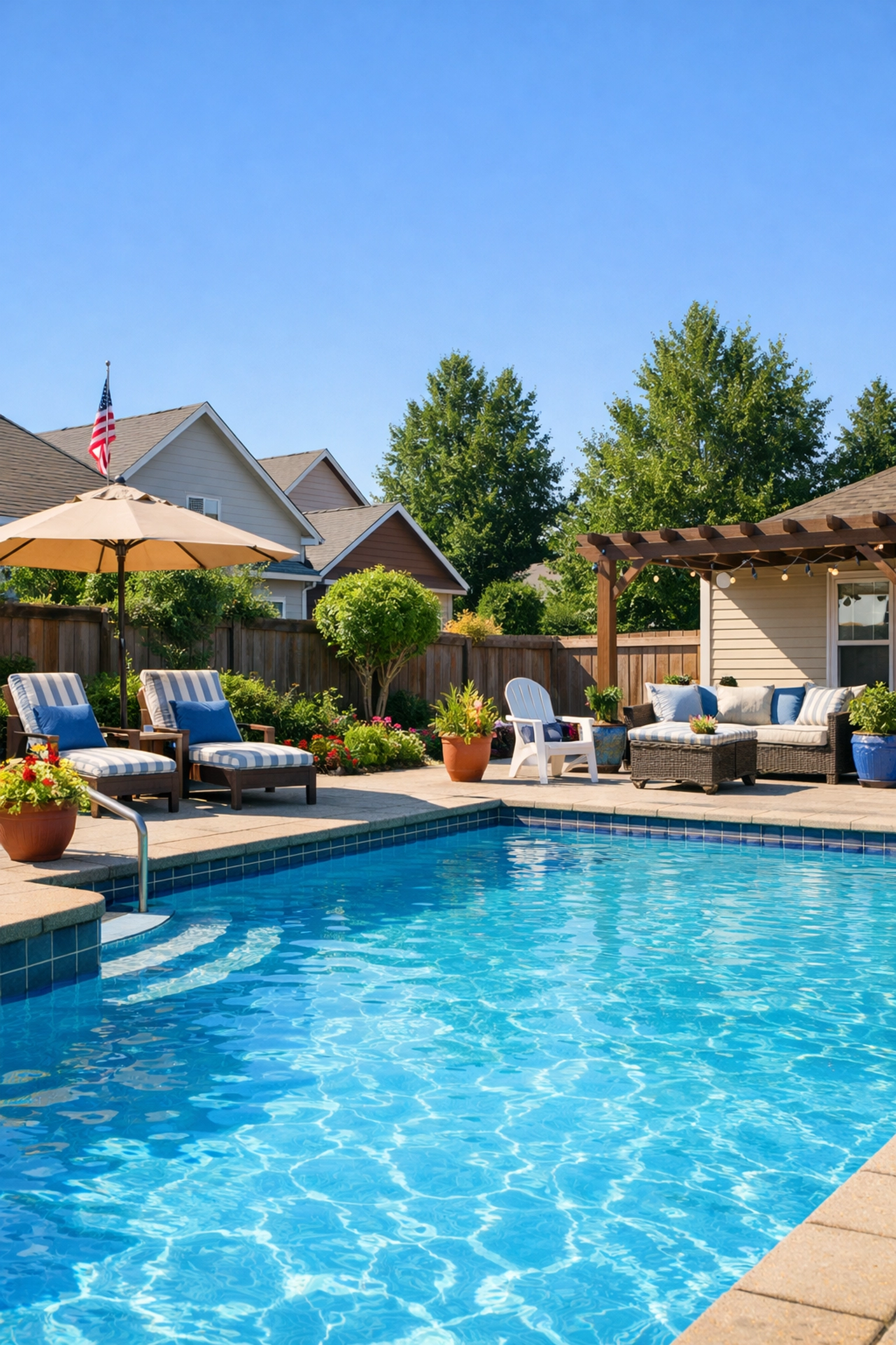 Local pool service near me maintaining a clean, well-kept swimming pool in a suburban neighborhood.