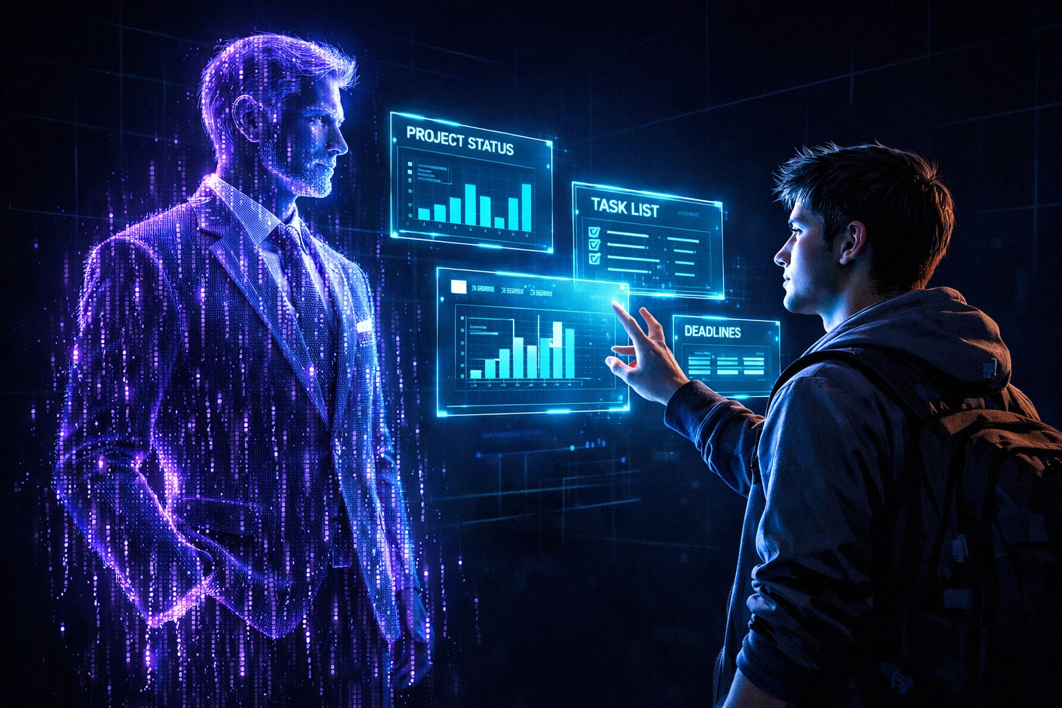Student interacting with an AI project manager simulation for real-world skill assessment.