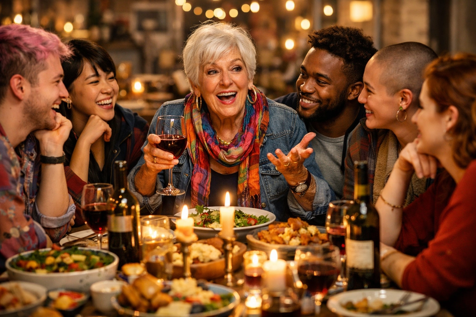 Older queer woman sharing life lessons at a chosen family dinner party, showing the strength of LGBTQ+ community.