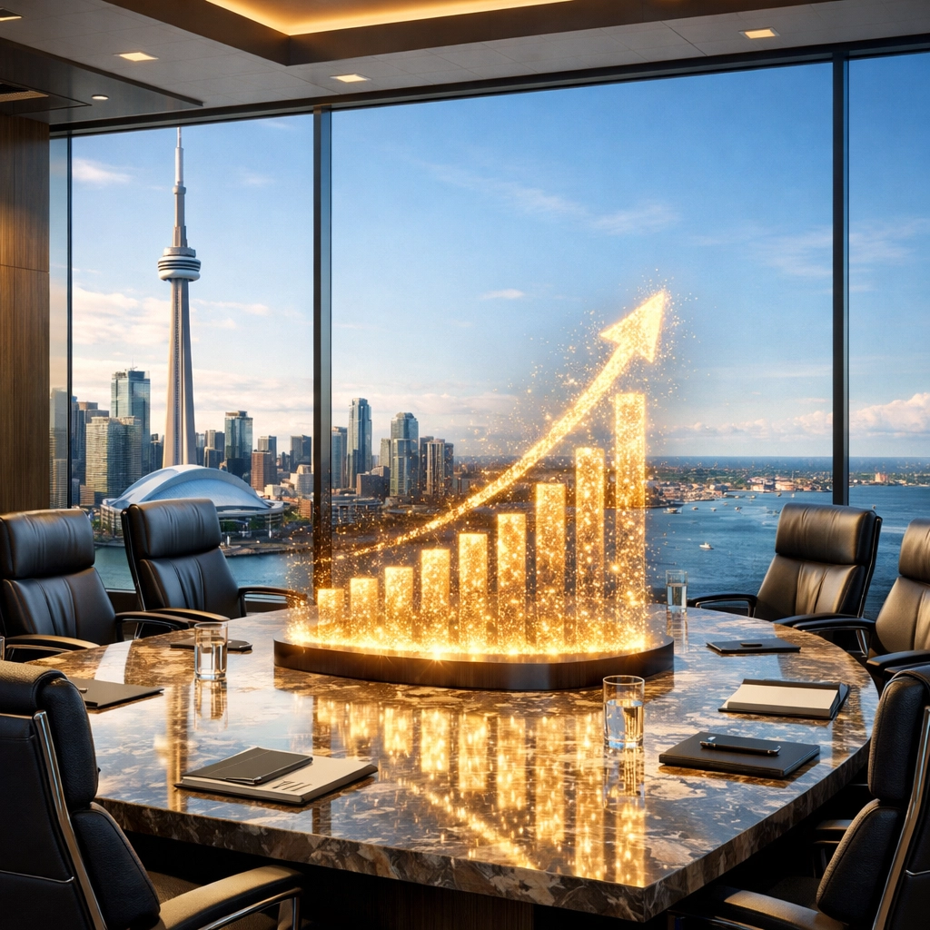 Successful business growth results displayed in a Toronto office overlooking the CN Tower skyline.