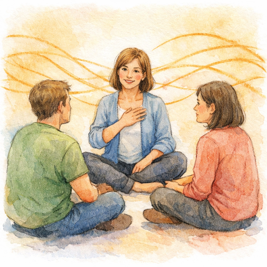 Small group leader sharing vulnerably with members in circle of trust and openness