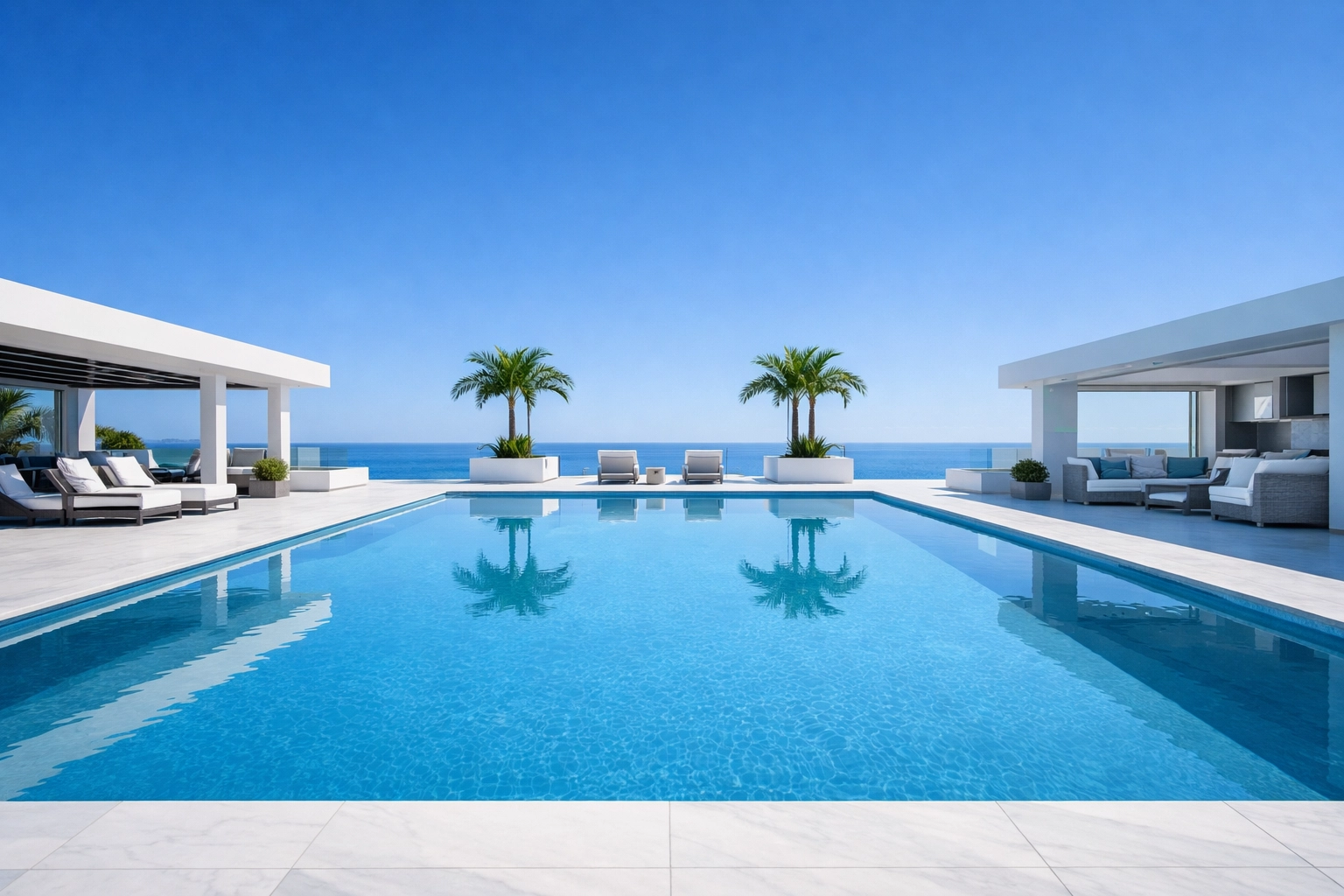 Serene luxury swimming pool representing a successful business exit for a pool route owner.
