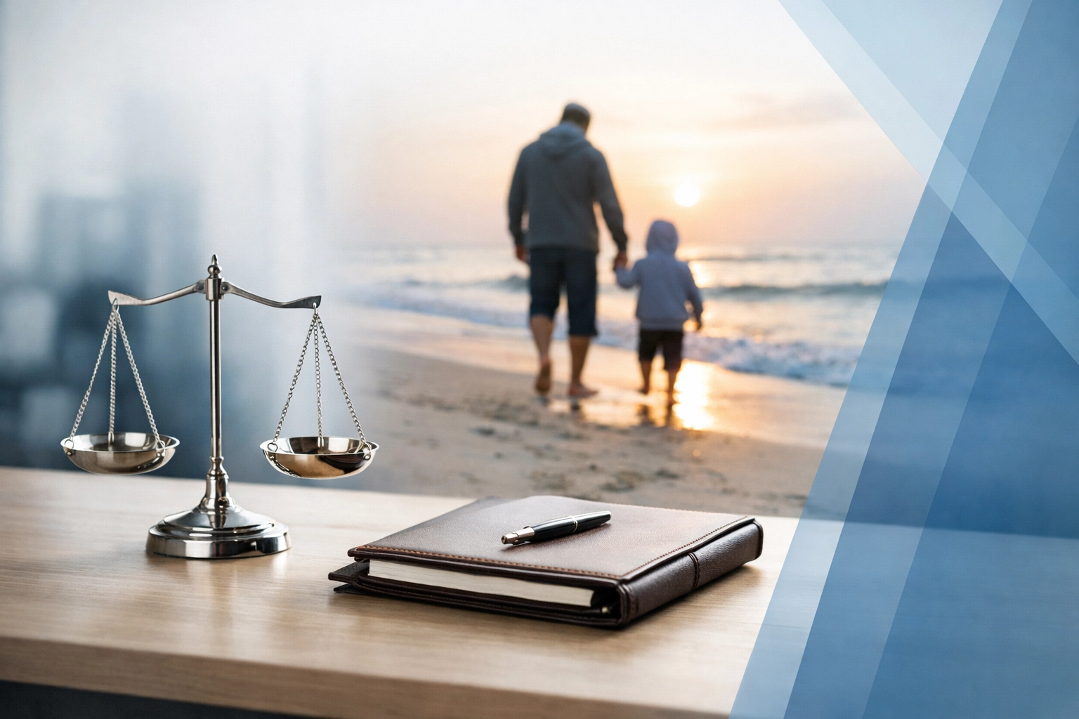 Legal scales and a family photo representing Virginia Beach child custody and visitation court factors.