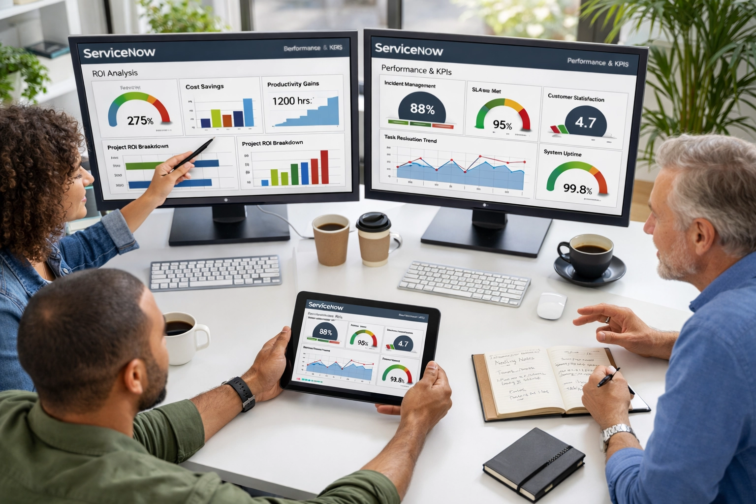 IT team analyzing ServiceNow ROI metrics and performance dashboards for implementation success