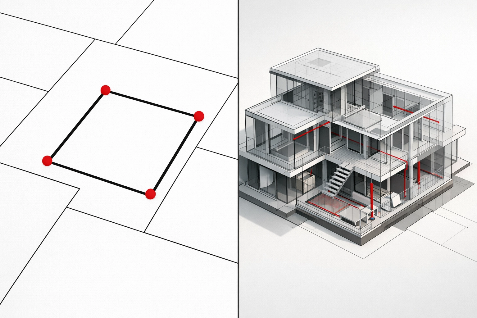 Plan de localisation montrant les limites de propriété et structure cachée d'une maison