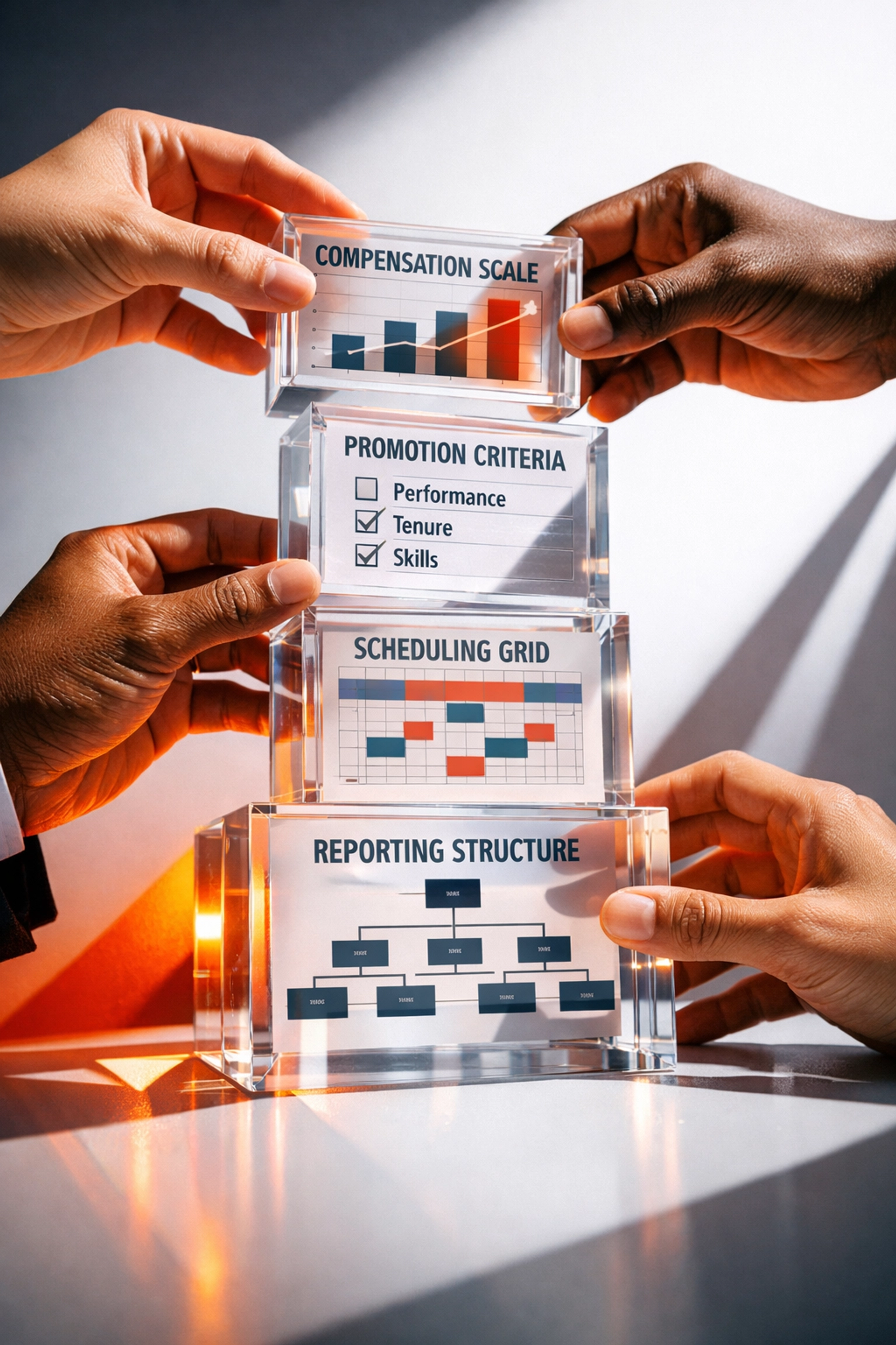 Diverse hands building transparent foundation with compensation and promotion criteria blocks