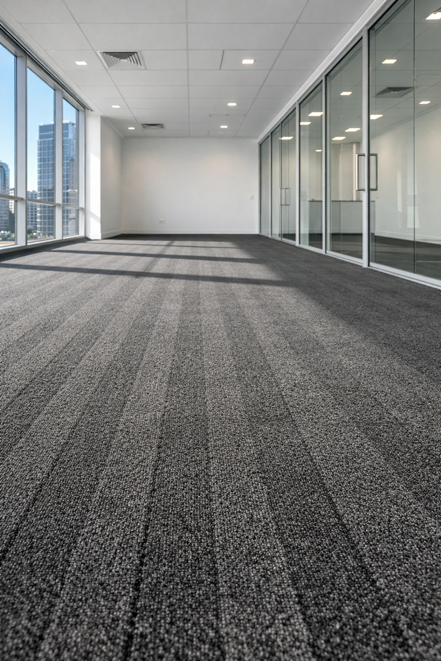 Freshly vacuumed office carpet in a vacant suite demonstrating high-quality turnover cleaning for property managers.