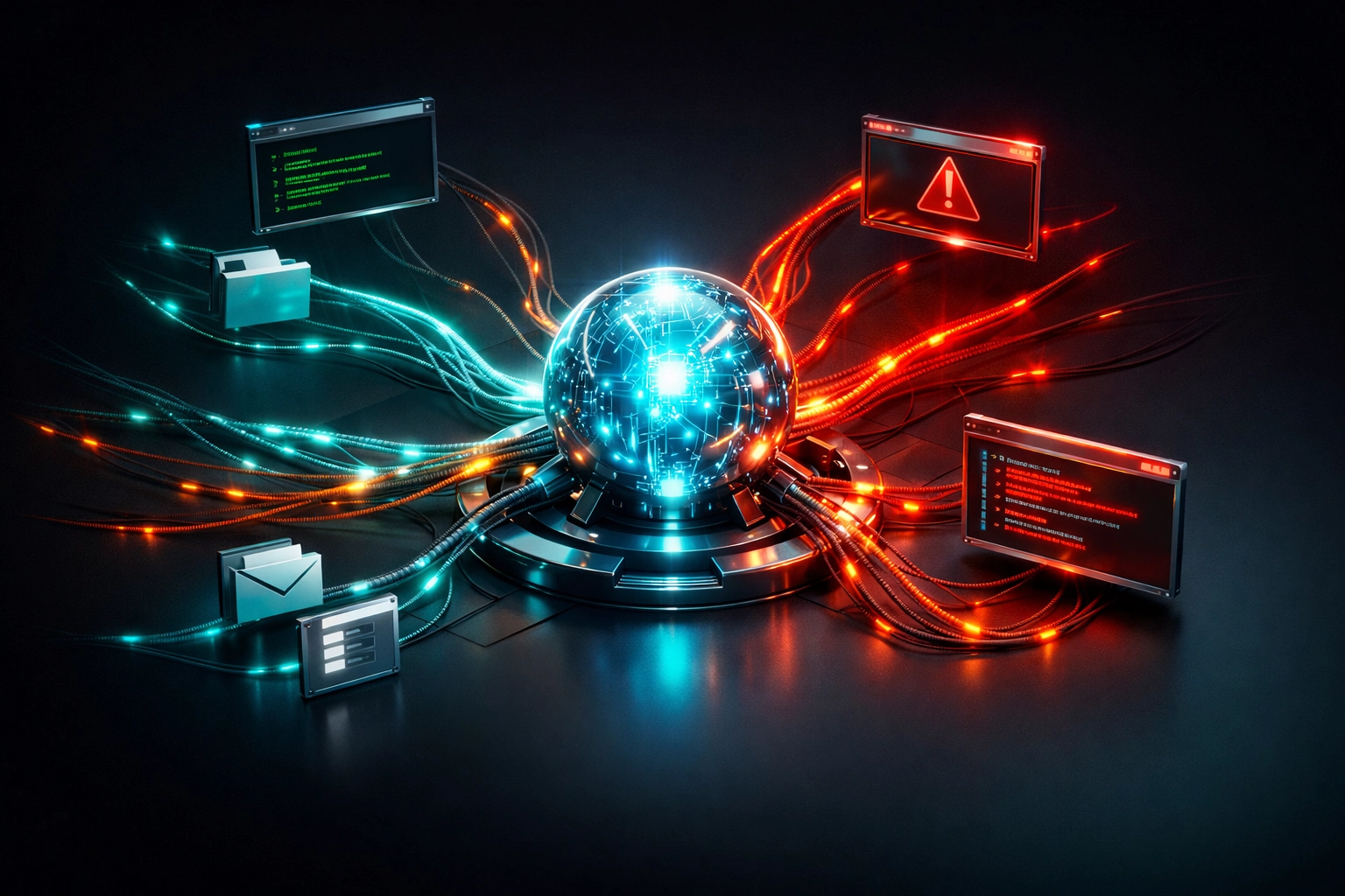 Autonomous AI agent with data pathways showing security vulnerabilities and dangerous connections