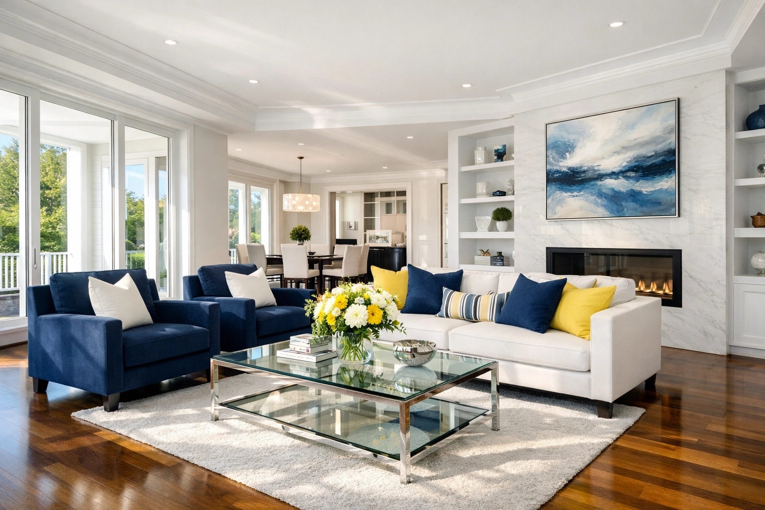 Professional house cleaning Westborough MA for a modern, sun-drenched estate living room.