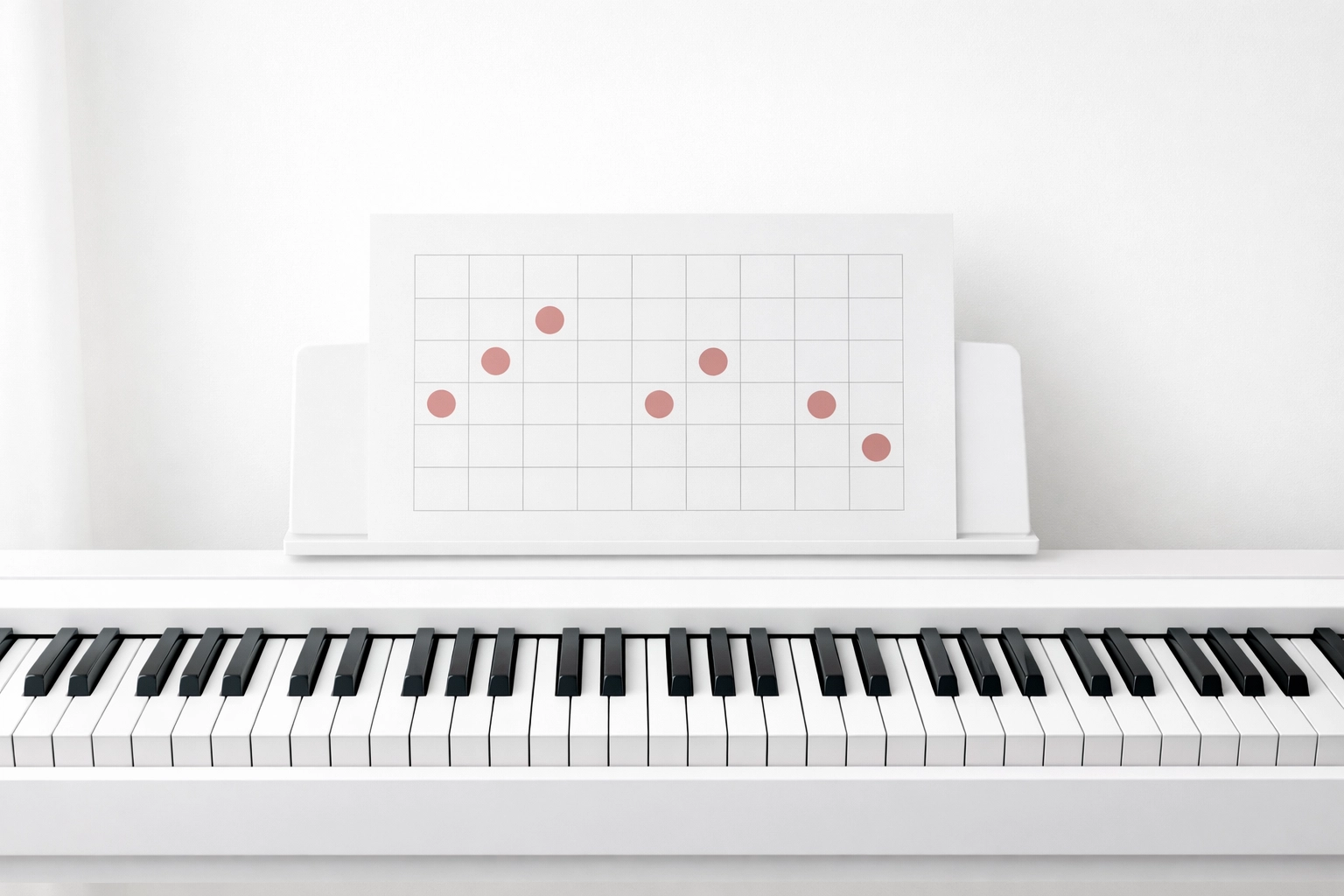 Minimalist piano keyboard with a sticker progress chart for piano practice motivation.