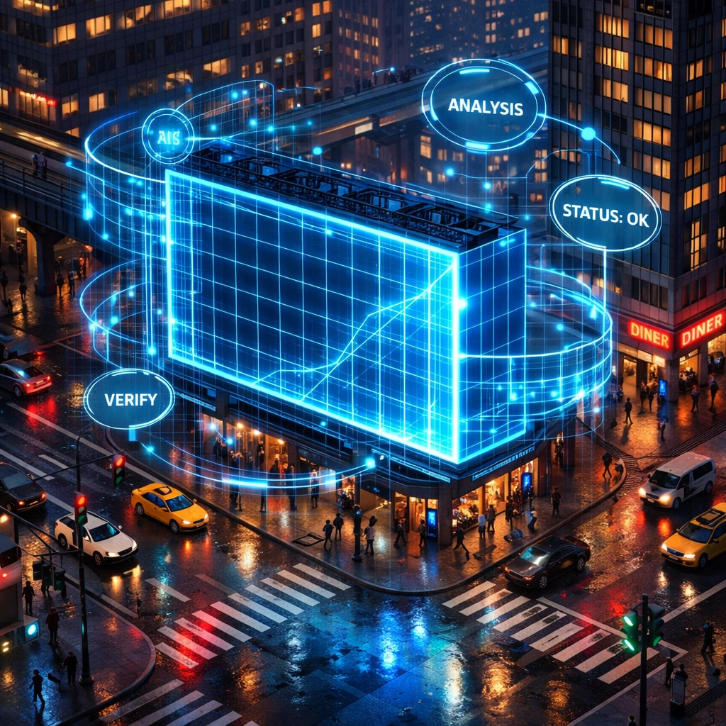 Real-time digital billboard audit scanning a metropolitan intersection for accurate OOH data.