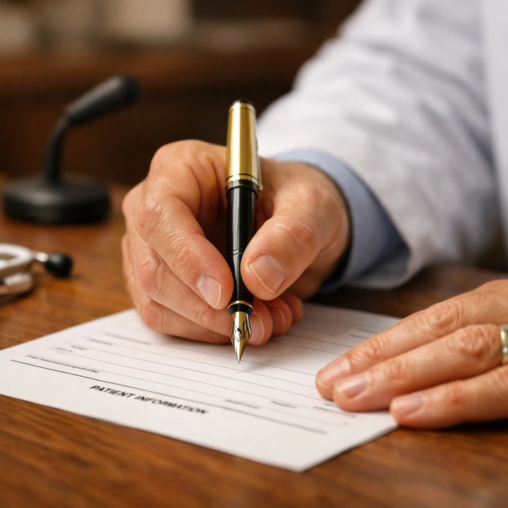 Close-up of a doctor's hand with a pen near a discreet ambient AI microphone in a medical office.