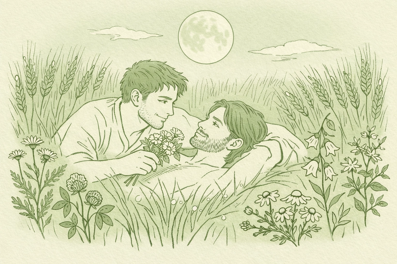 Gay men in rye field with wildflowers during Midsummer Eve courtship ritual under full moon
