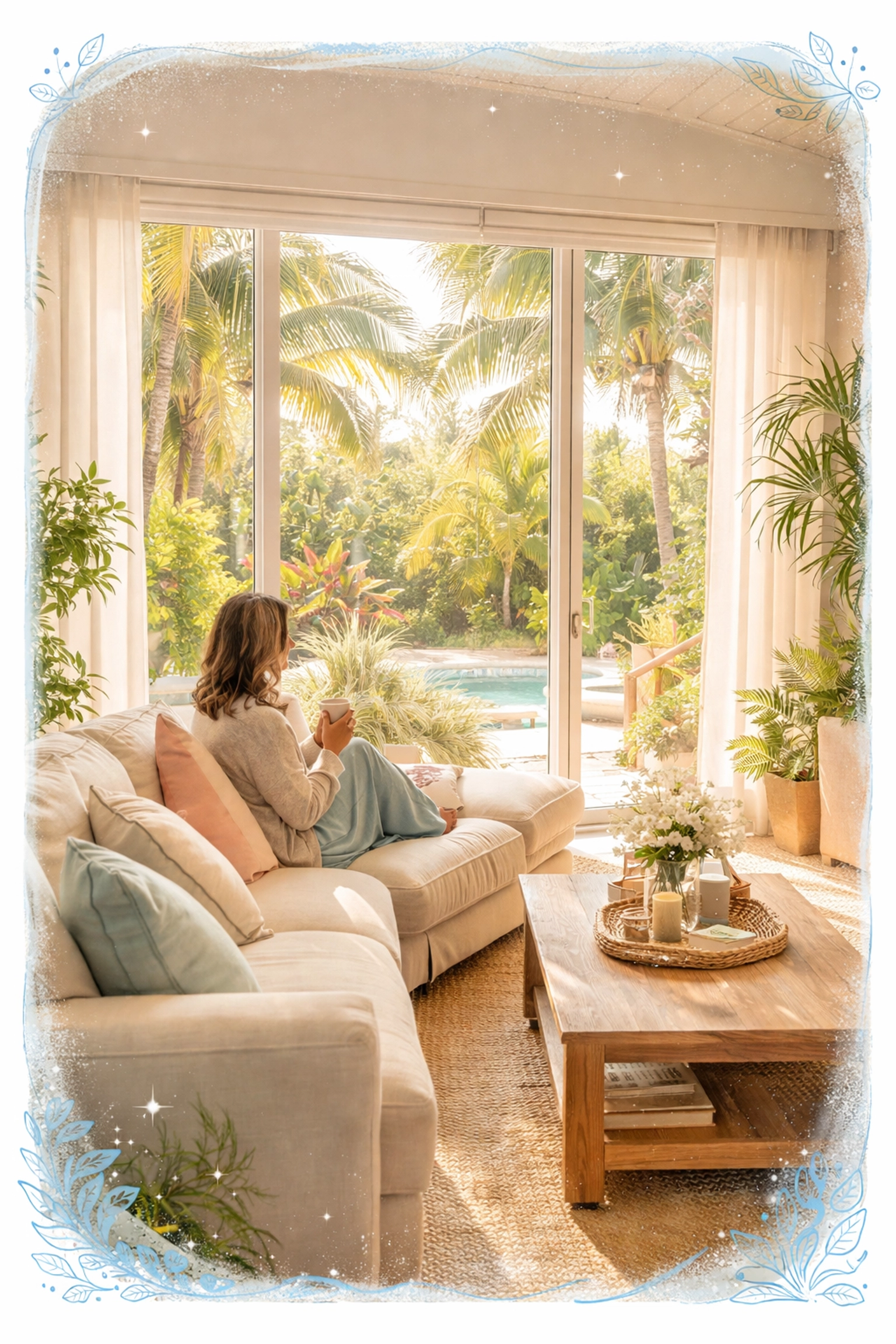 Sunlit South Florida villa living room with peaceful person enjoying coffee and palm tree views, representing home clarity.