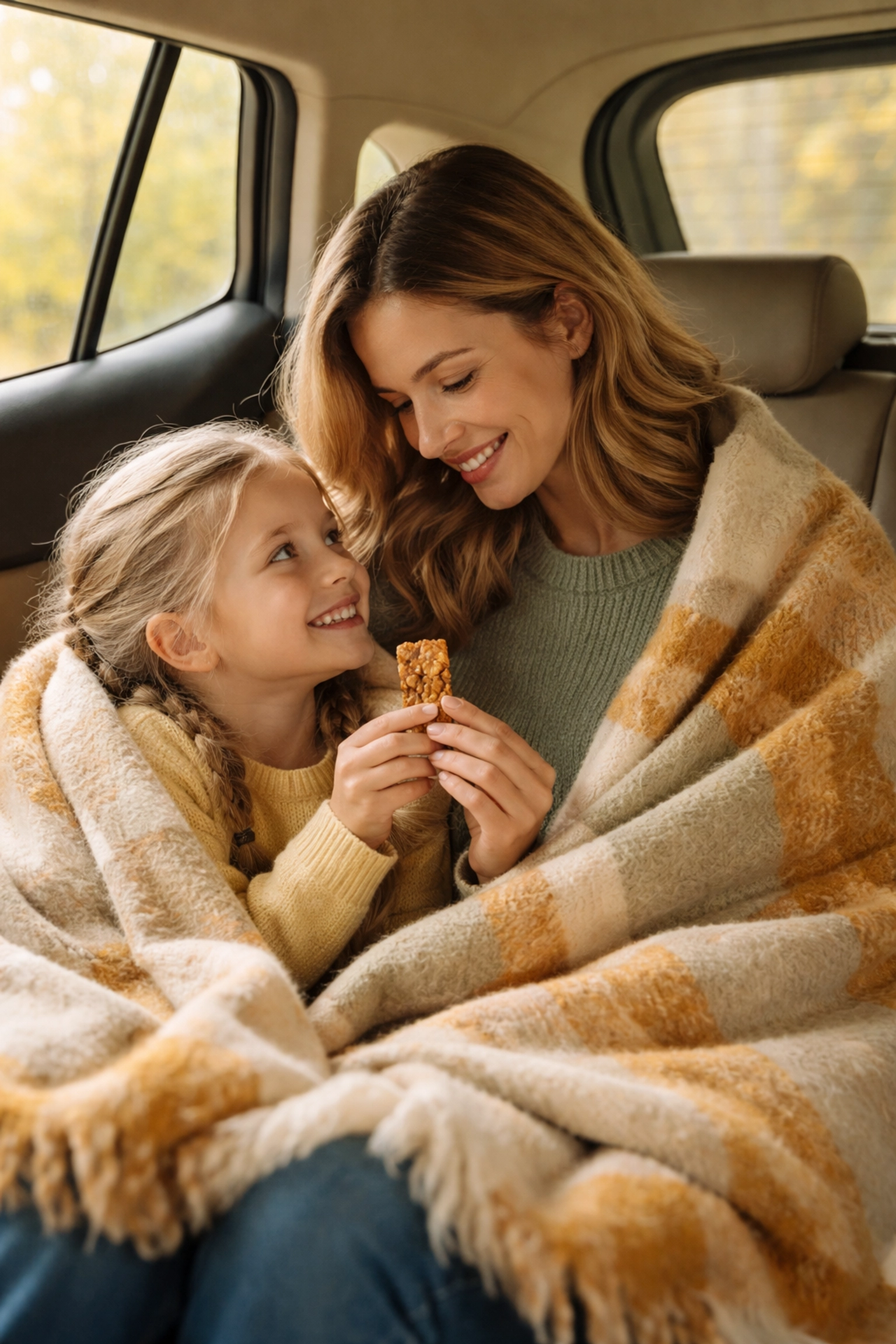 Mother and daughter staying warm in car with blanket and snacks from emergency kit