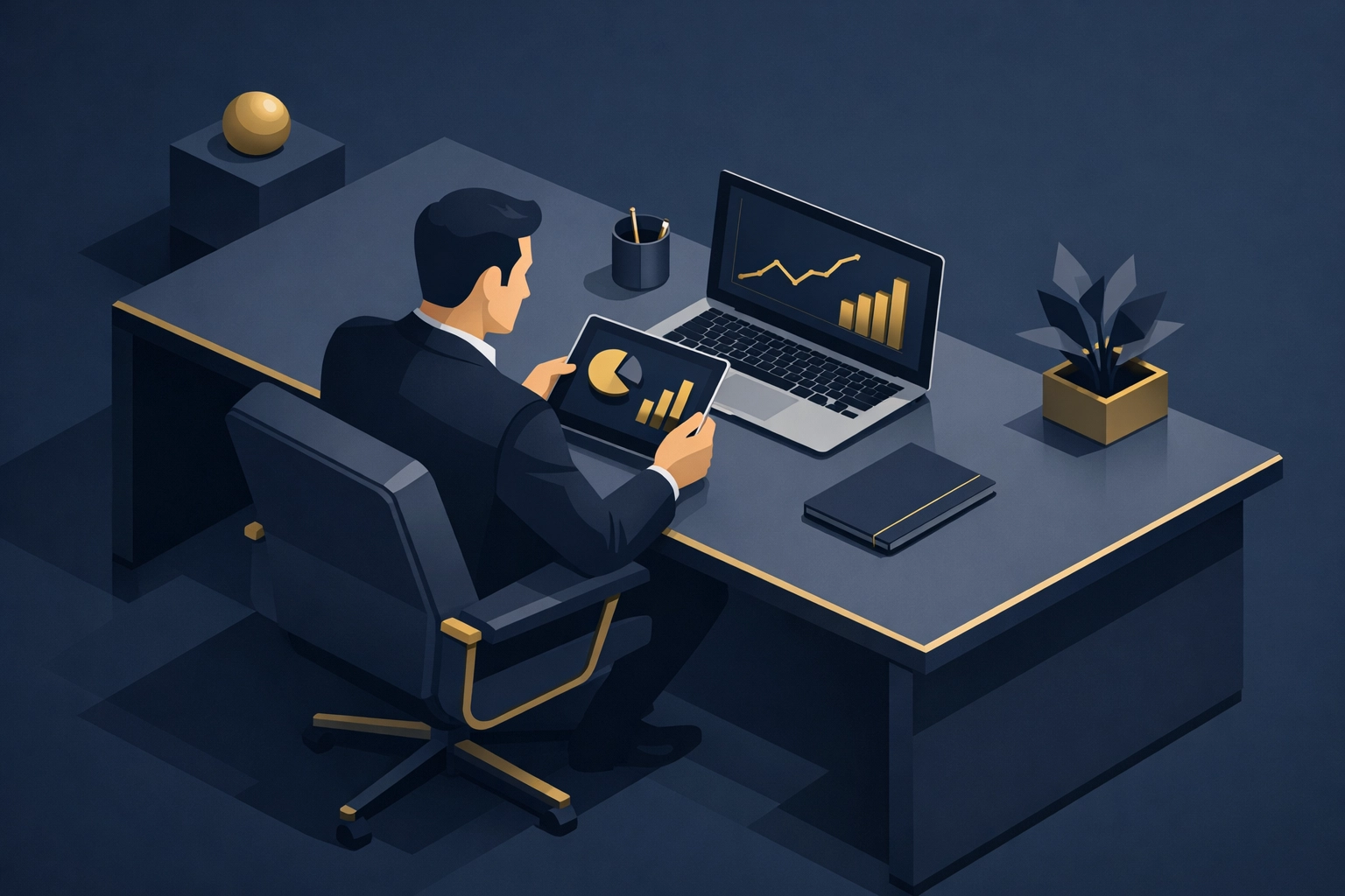 Woman smiling at desk with financial charts