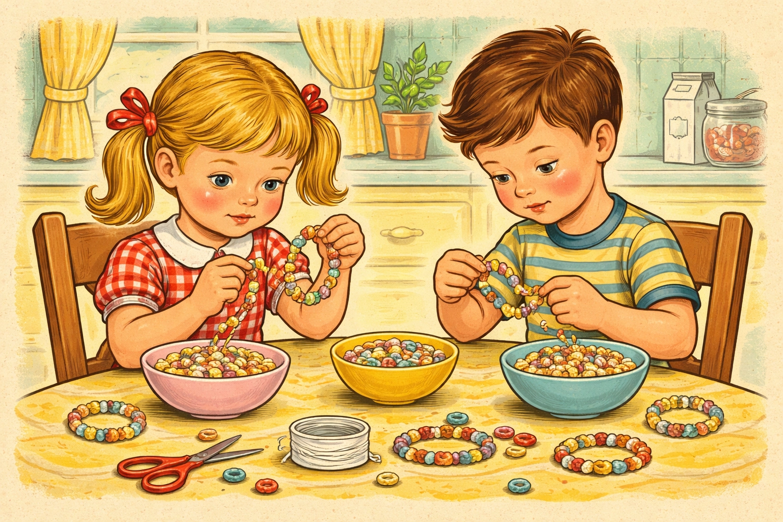 Children making cereal pattern bracelets together at a kitchen table, focusing on patterns