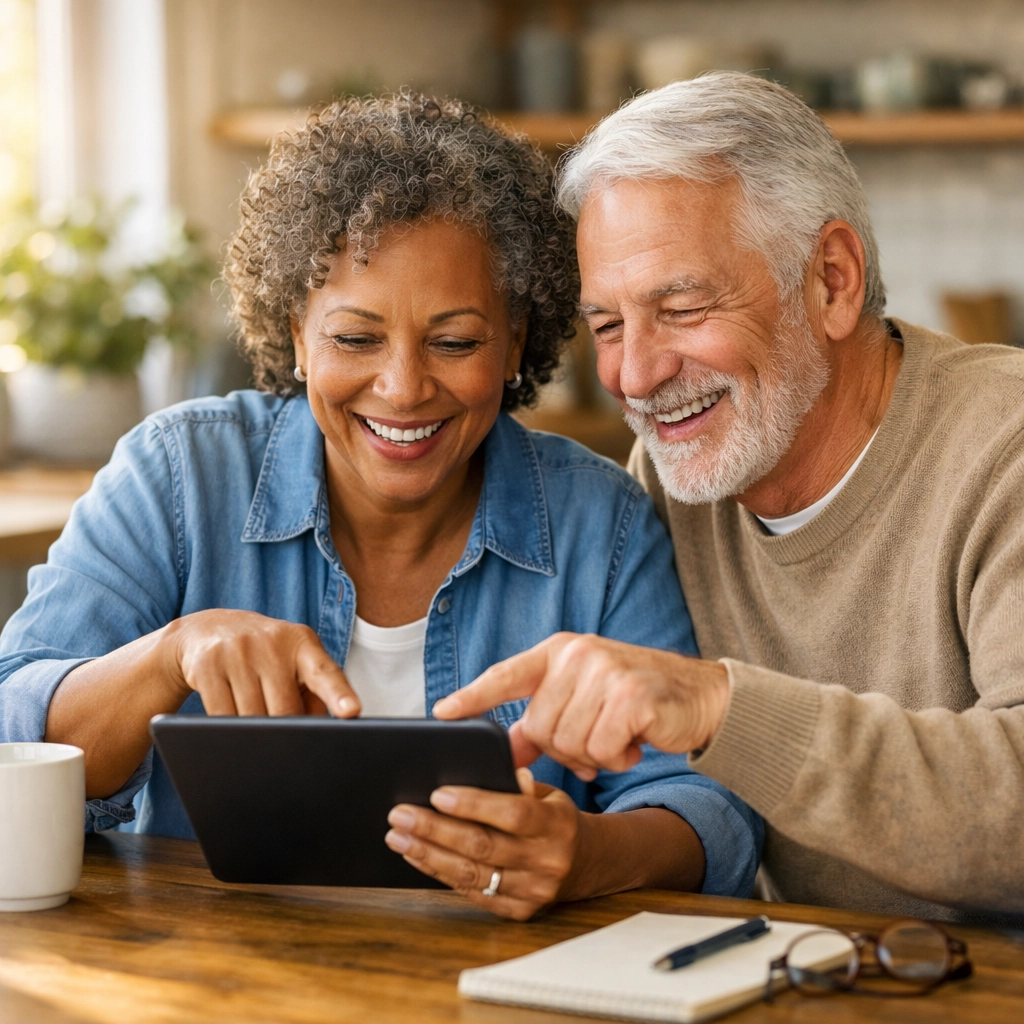 A senior couple smiling while researching Medicare enrollment and health plans on a tablet at home.