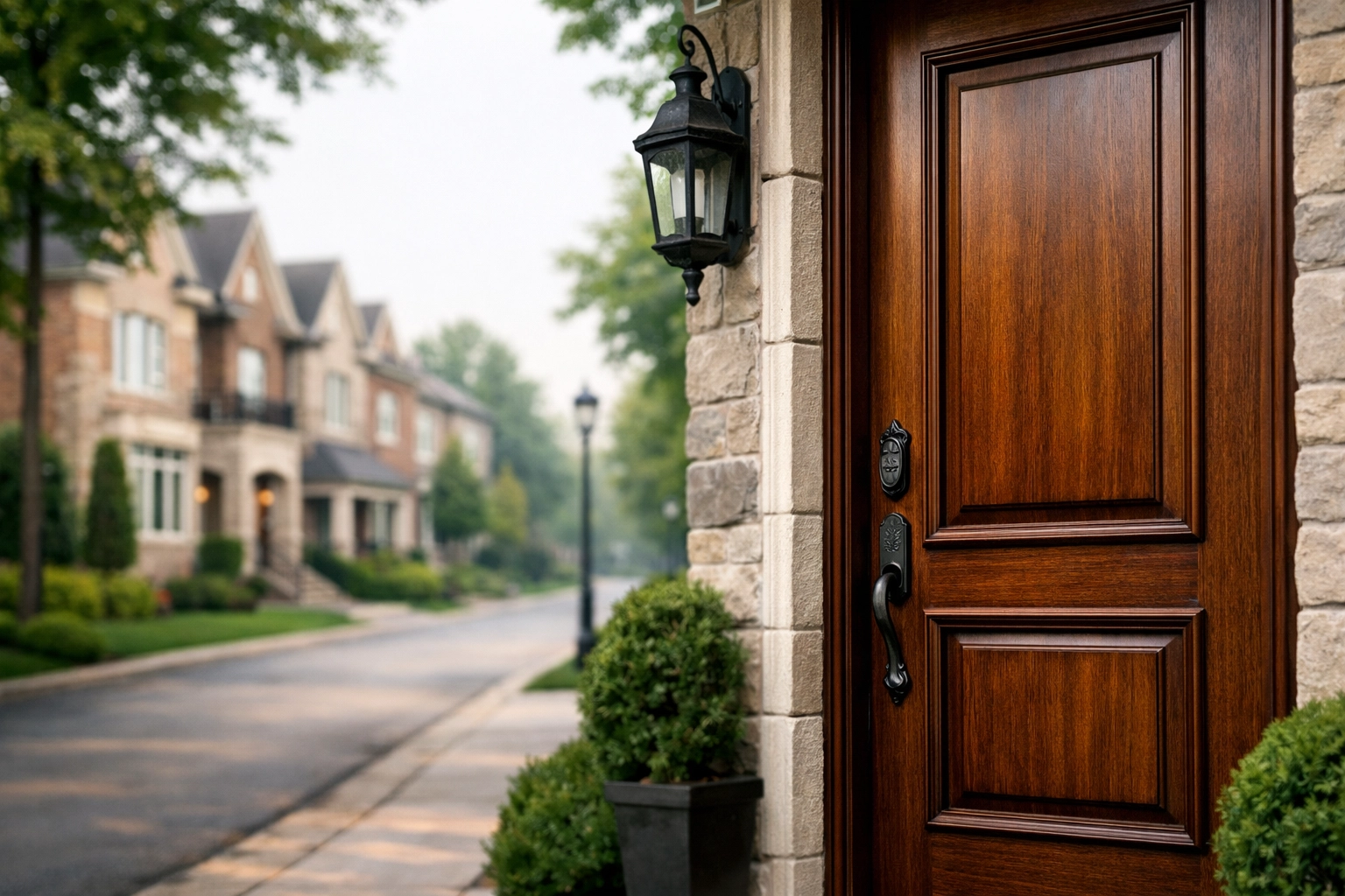 Luxury detached homes and townhouses in a mature neighborhood in the Mississauga real estate market.