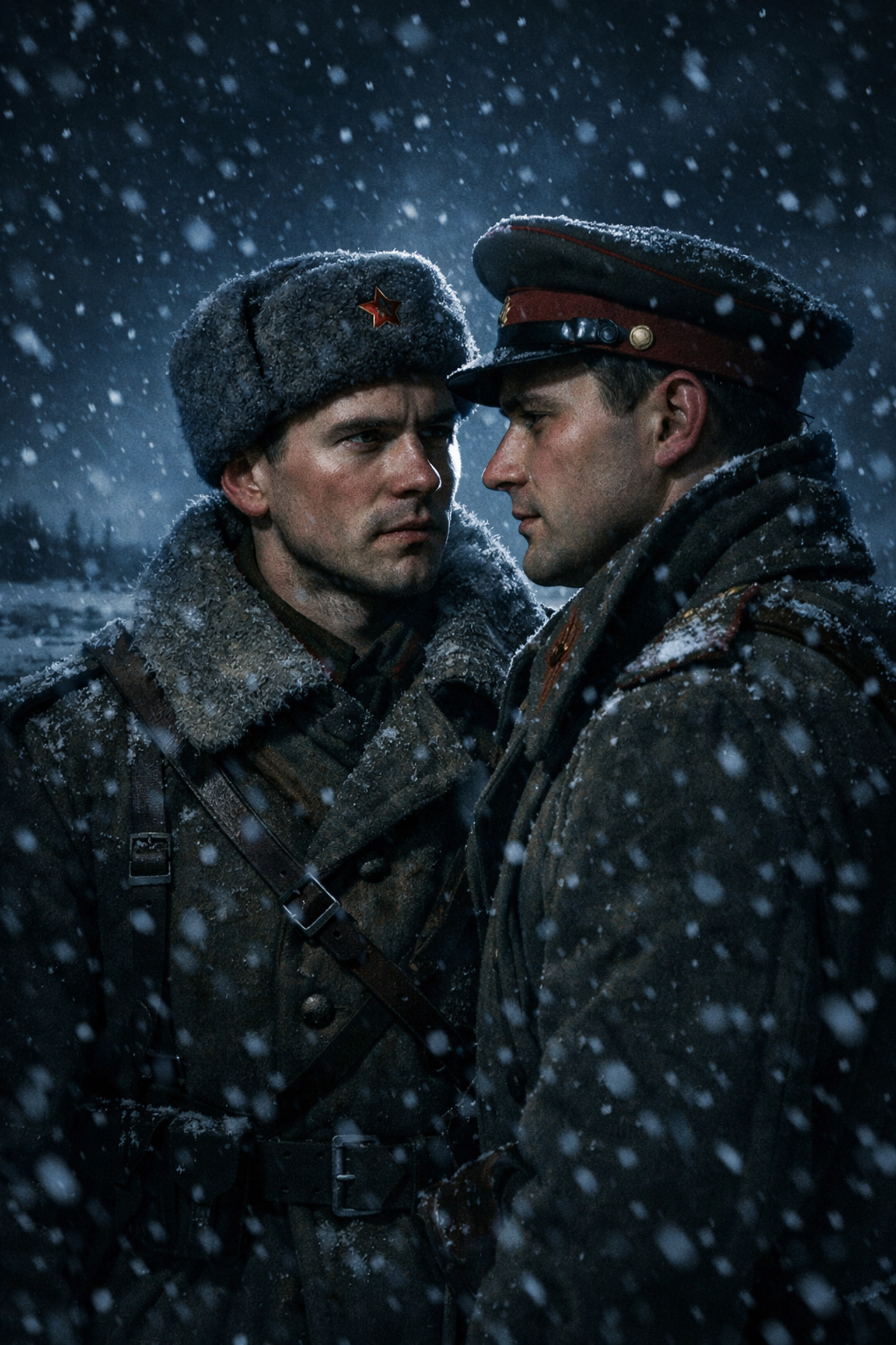 WWII gay romance: Soviet soldiers in tender moment during Eastern Front winter