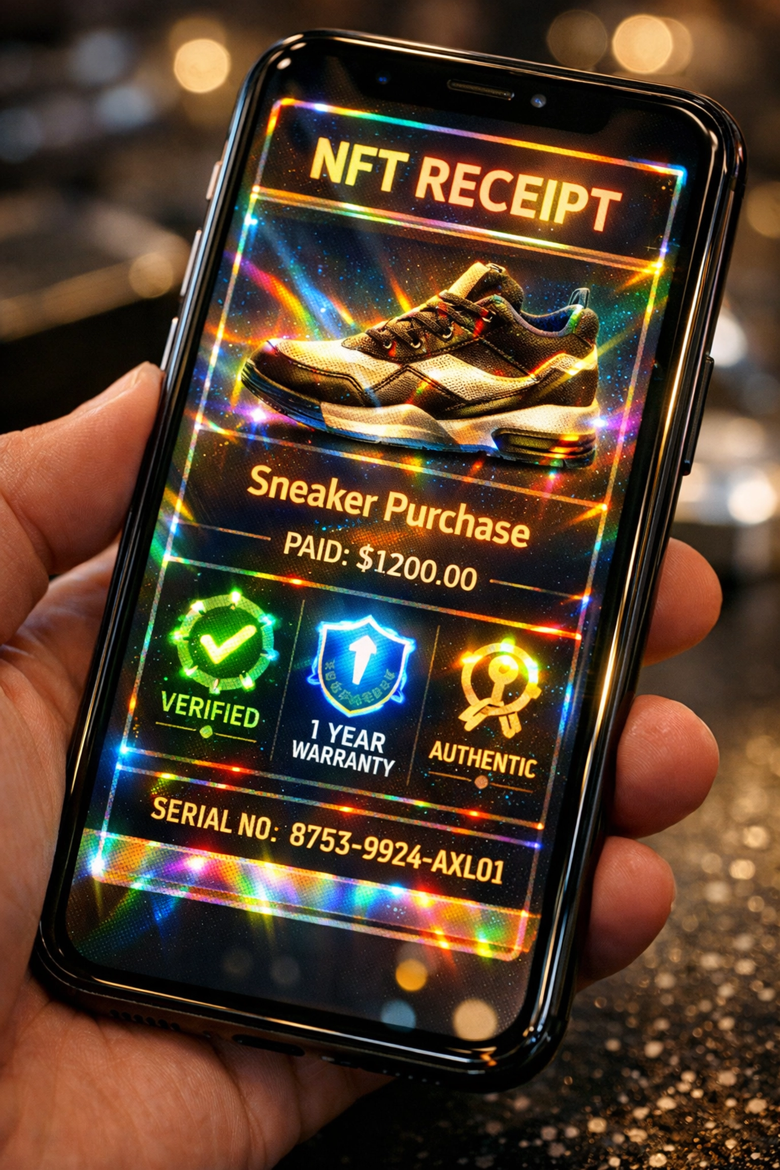 NFT receipt on smartphone showing crypto payment verification and warranty tracking
