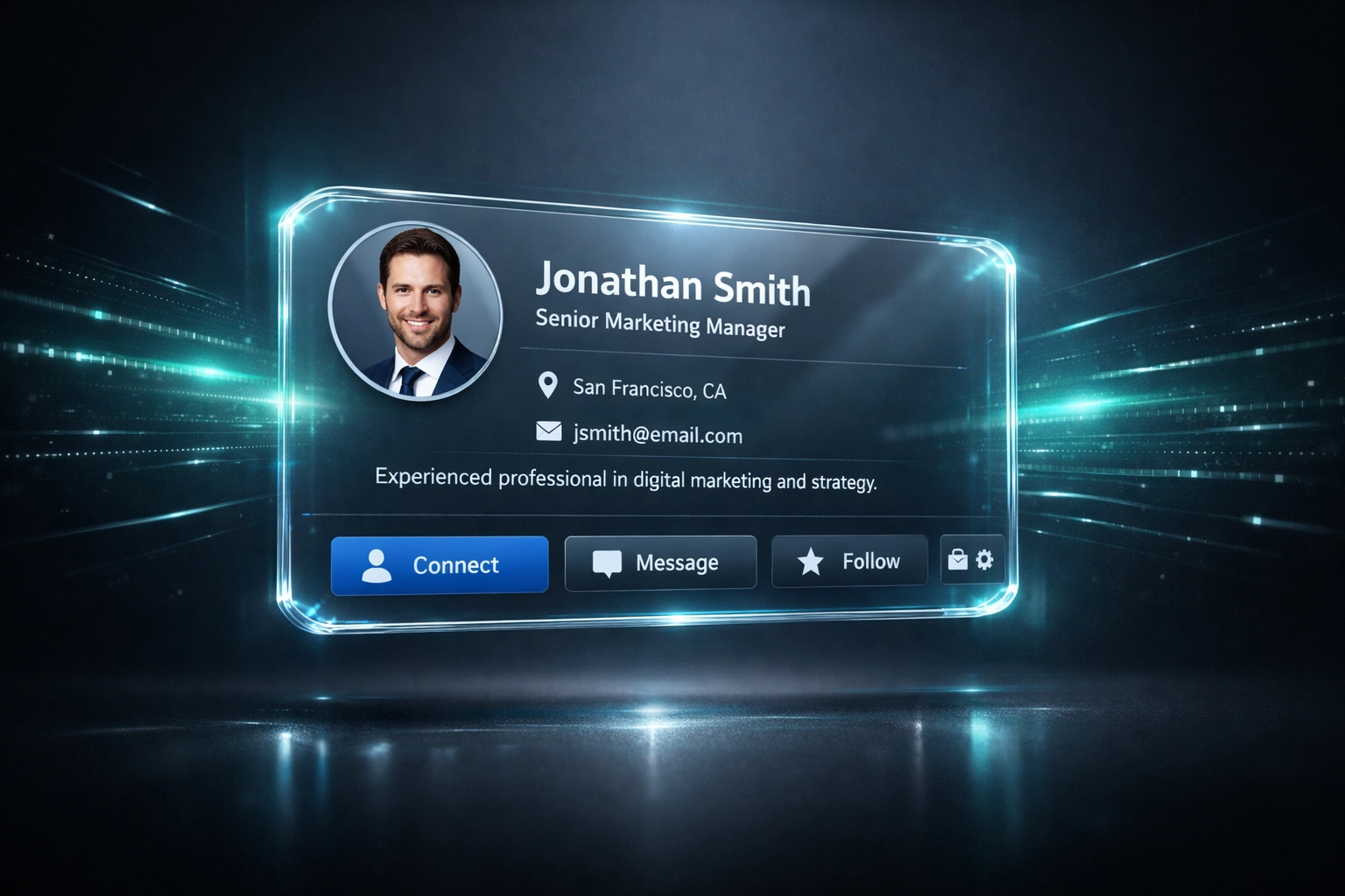 Futuristic digital profile card illustrating a CEO LinkedIn landing page for B2B brand growth.
