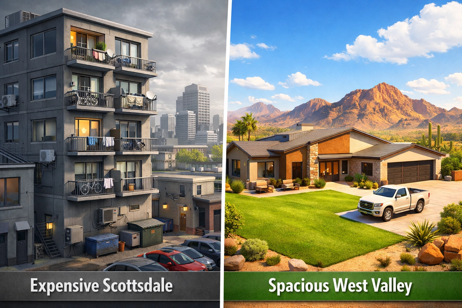 Scottsdale condo versus spacious West Valley home comparison showing Phoenix real estate value