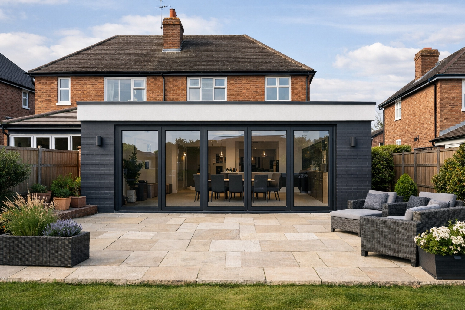 Modern single-story rear extension with grey bifold doors and a limestone patio in Hinckley.
