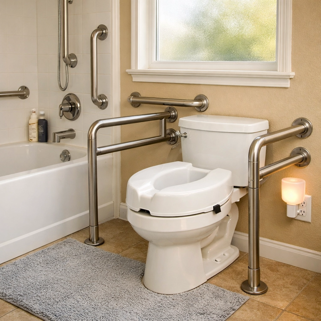 Bathroom with grab bars and safety features installed for fall prevention