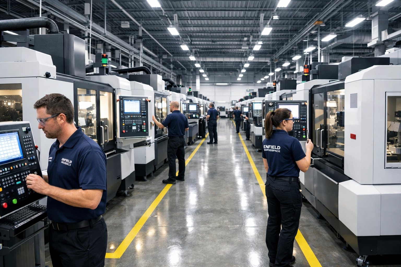 Modern aerospace manufacturing floor in Enfield CT with CNC machines and digital security workstations.