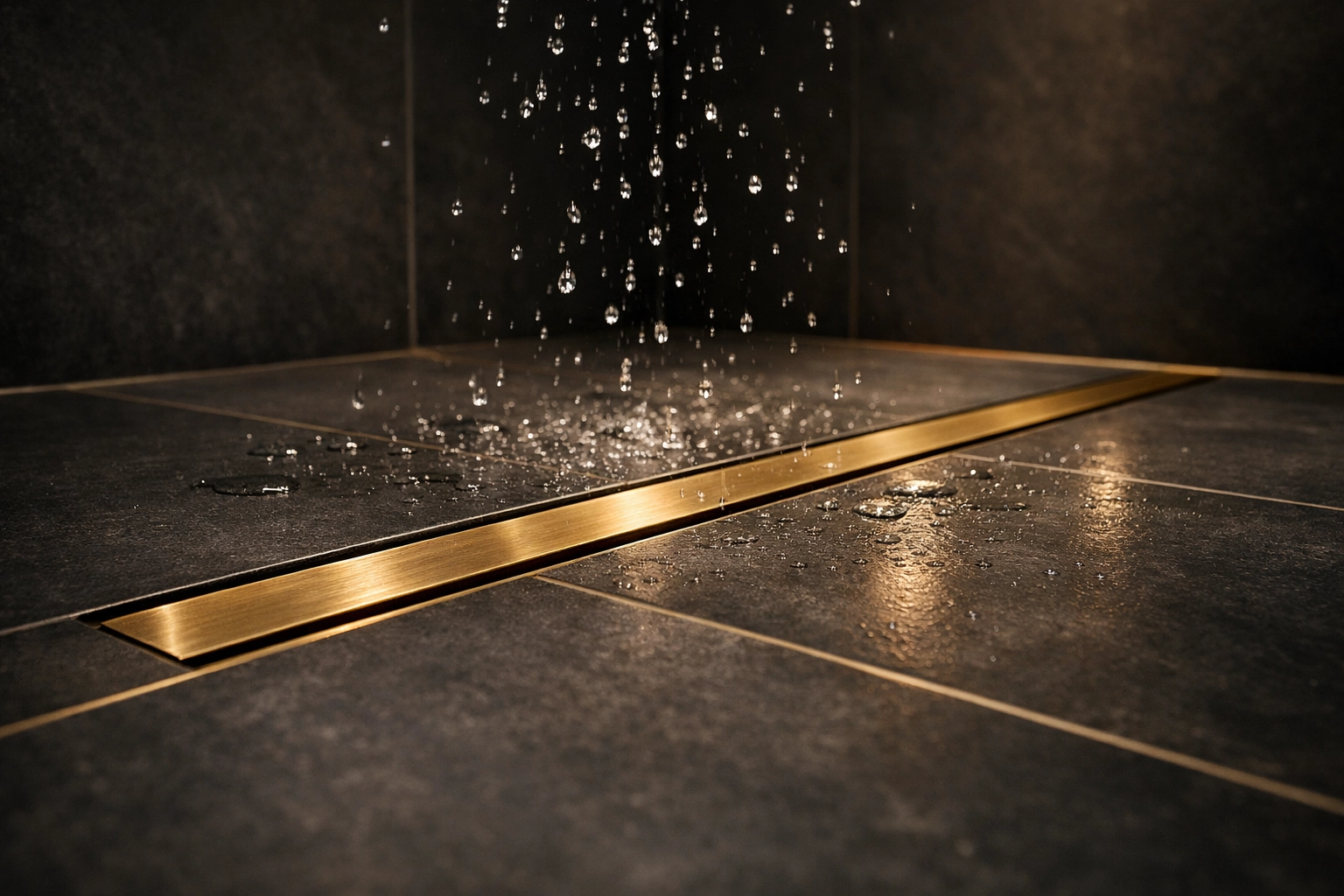 Minimalist brushed-brass linear drain in a luxury walk-in shower, preventing damp in bathroom design West Sussex.