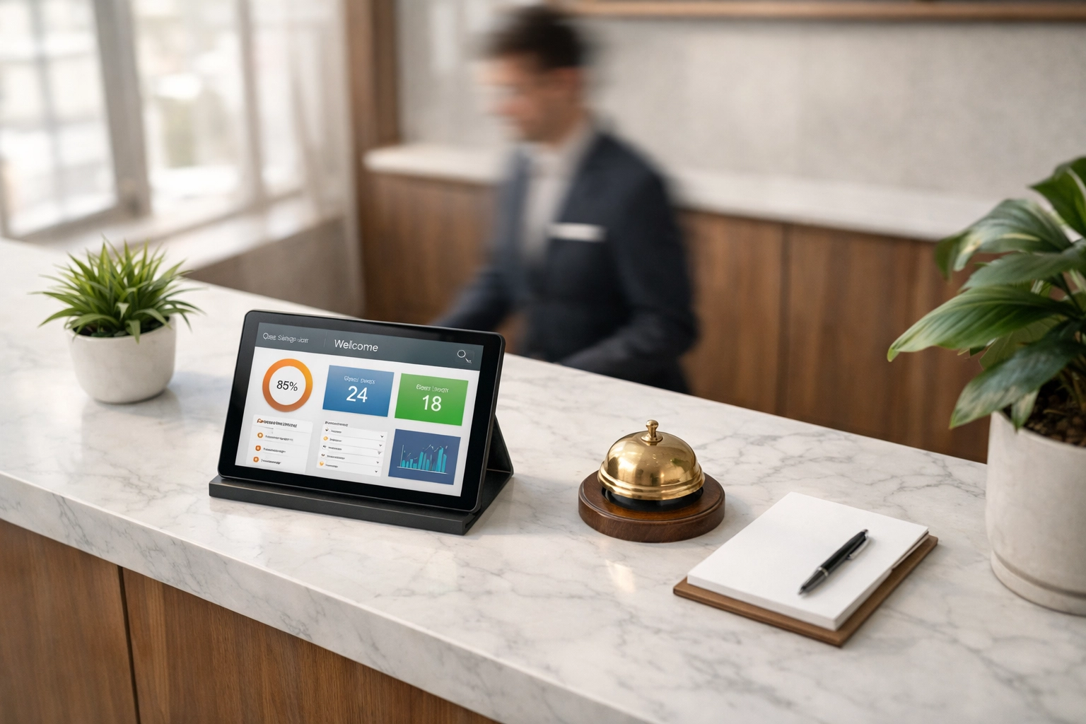 Modern hotel PMS dashboard on tablet at reception desk showing cloud-based management interface