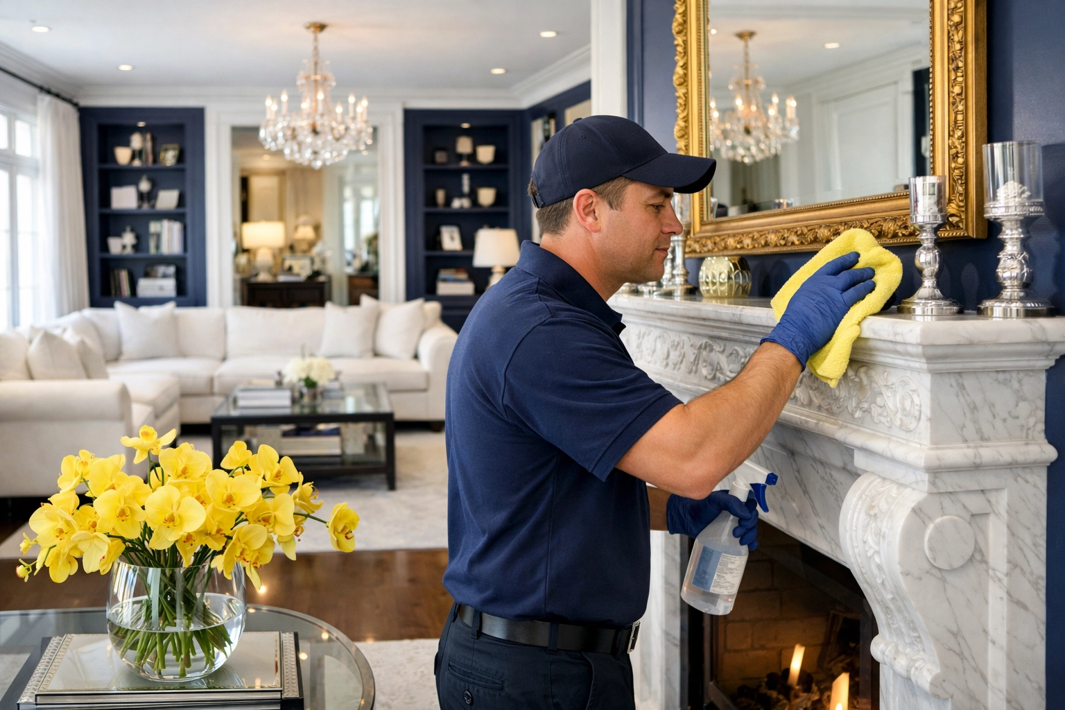 Professional cleaner performing a deep cleaning in a luxury Massachusetts home to restore order and clarity.