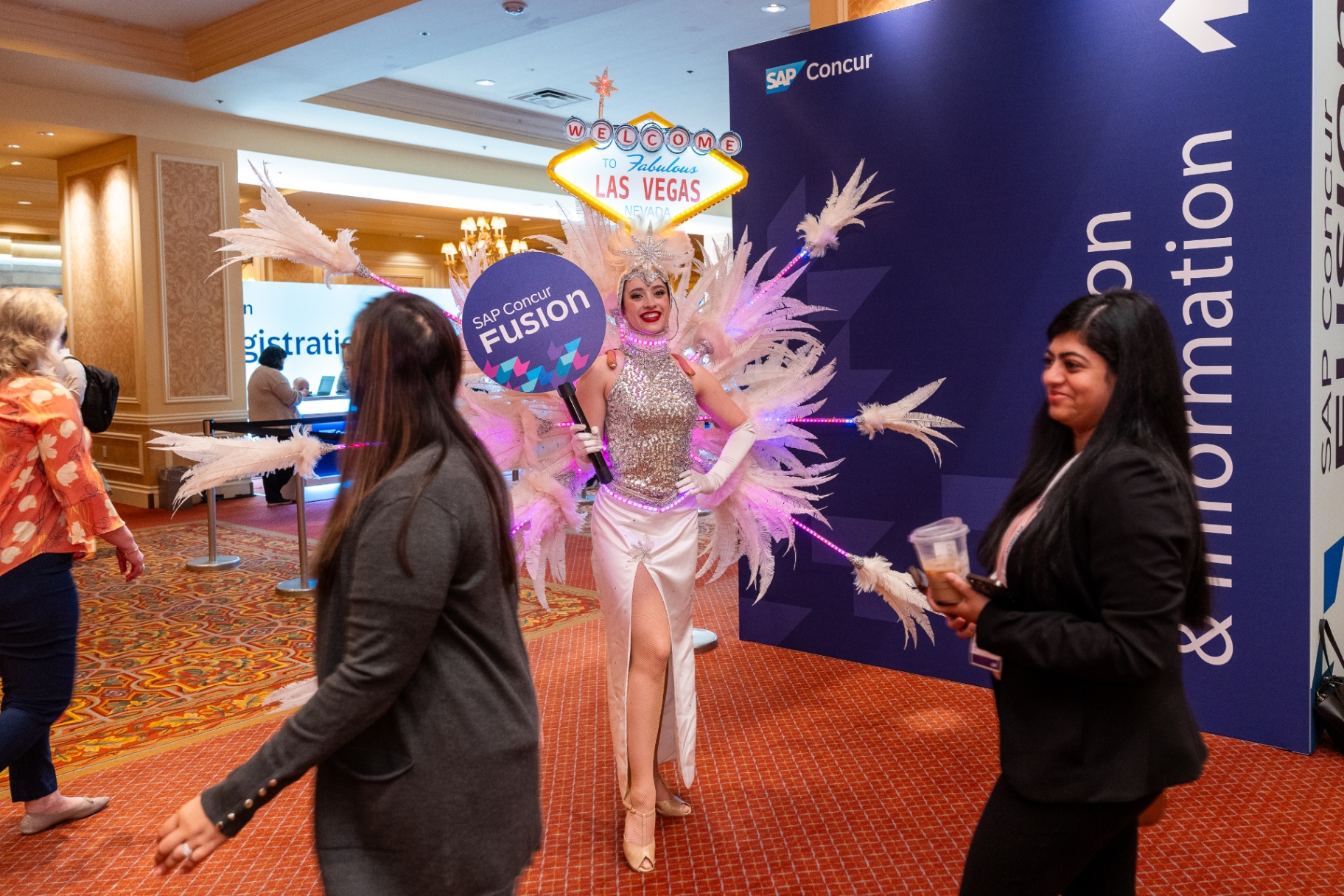 Showgirl entrance moment—Vegas energy with polished composition for corporate events